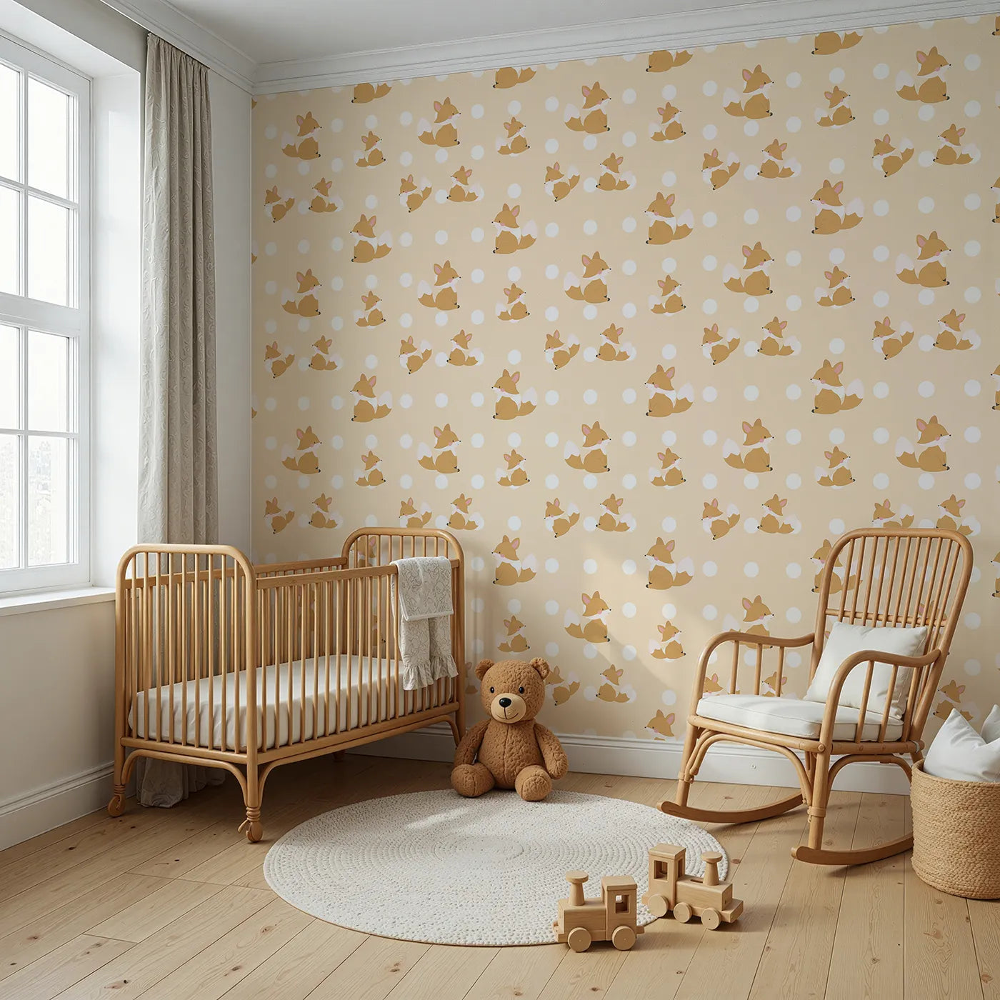 Angled view of Whimsy Tots' Polka Pals Fox Wallpaper in Peach Cream (W3060A).Cheeky little foxes peek and play across soft peachy polka dots.