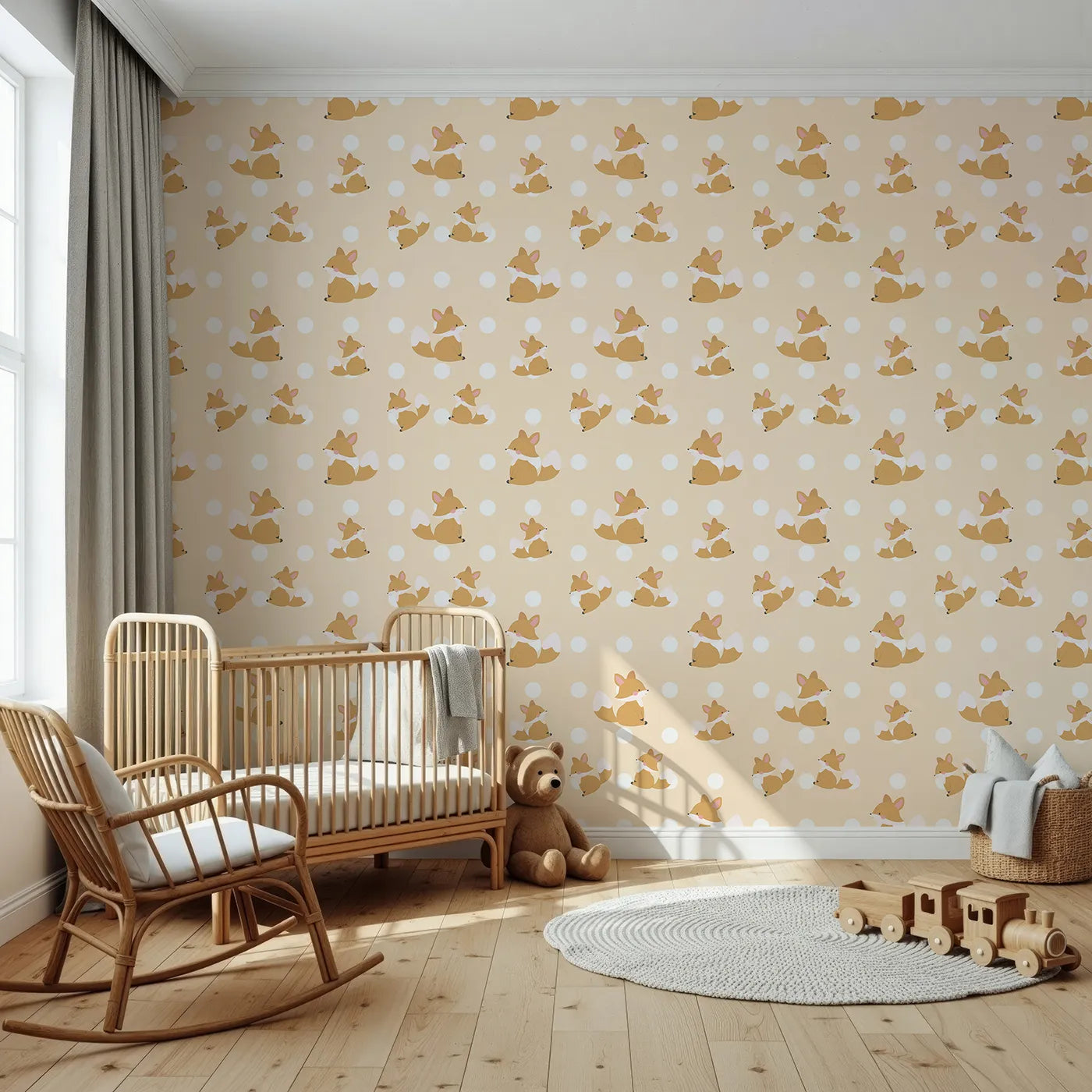 Front view of Whimsy Tots' Polka Pals Fox Wallpaper in Peach Cream