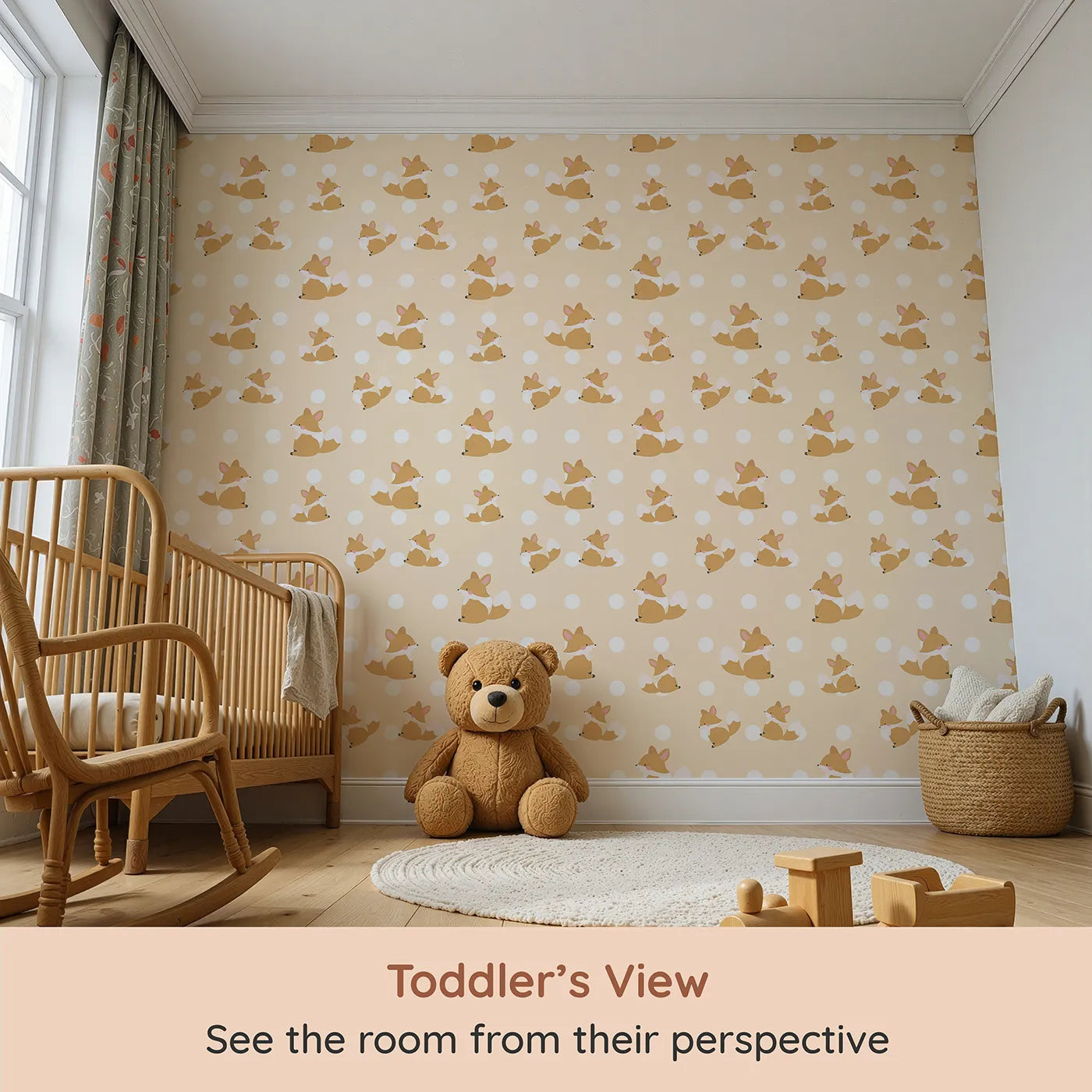 Whimsy Tots Polka Pals Fox Wallpaper in Peach Cream (W3060A) from your child's view.Cheeky little foxes peek and play across soft peachy polka dots.