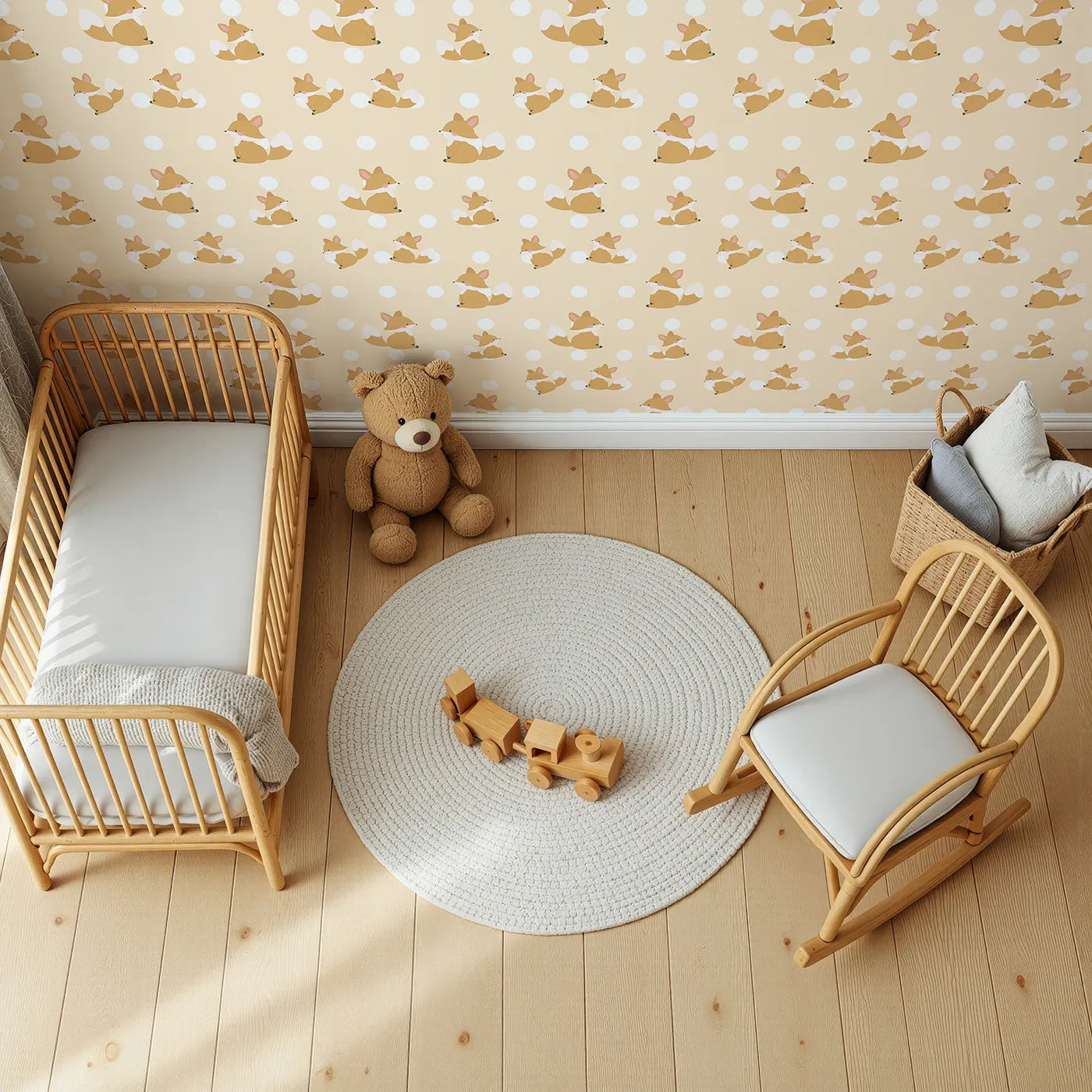 Top-Down view of Whimsy Tots' Polka Pals Fox Wallpaper in Peach Cream (W3060A).Cheeky little foxes peek and play across soft peachy polka dots.