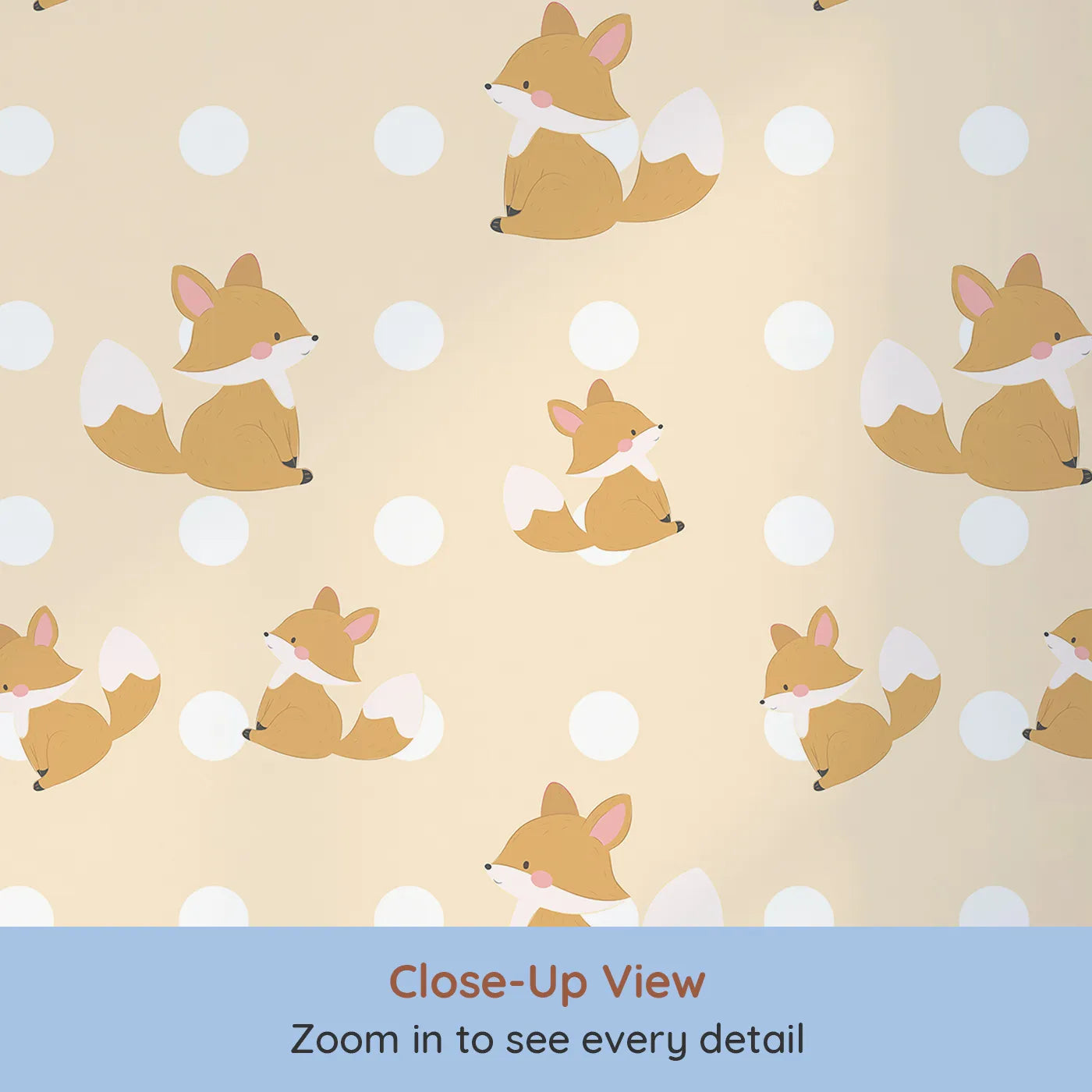 Close-up view of Whimsy Tots' Polka Pals Fox Wallpaper in Peach Cream (W3060A).Cheeky little foxes peek and play across soft peachy polka dots.