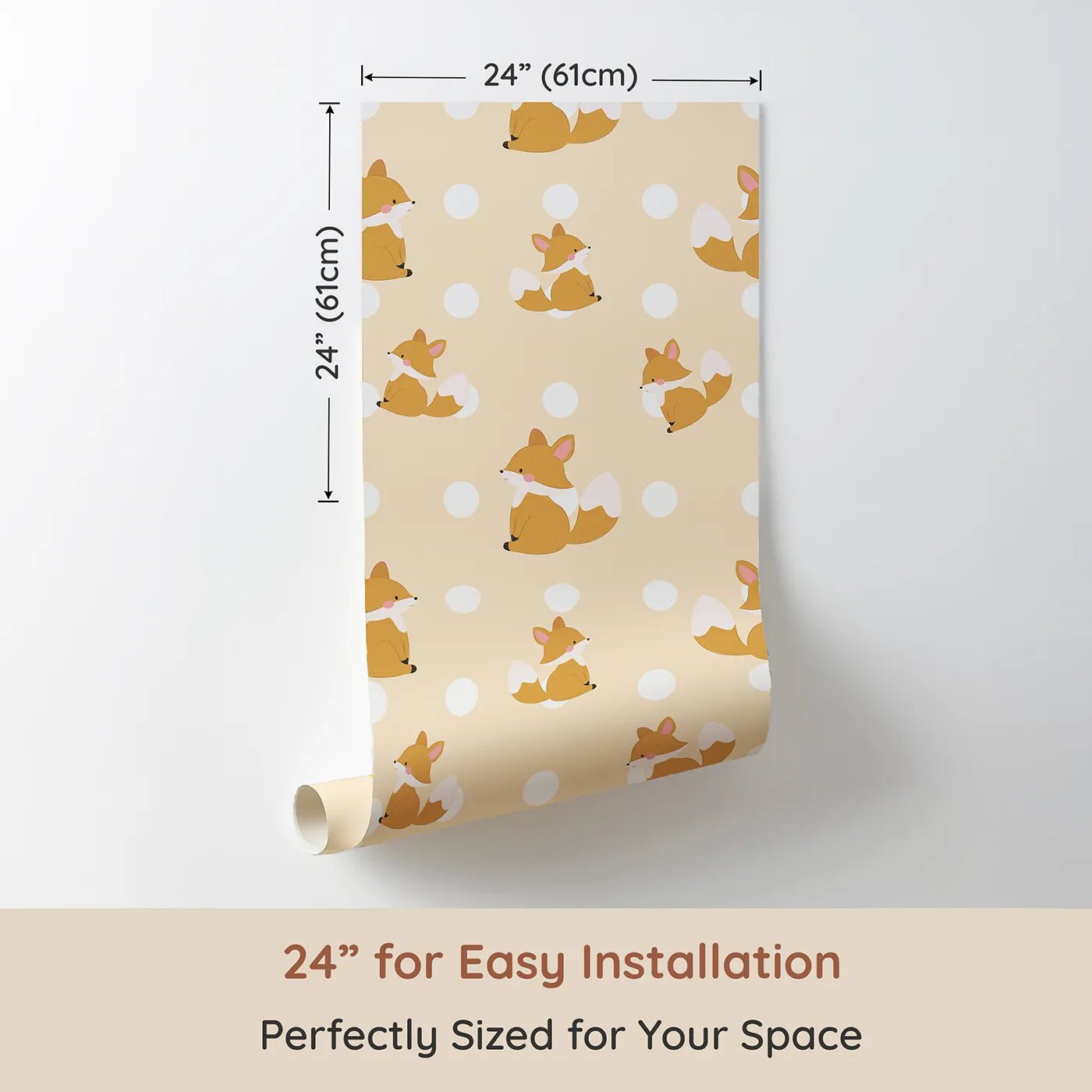 Dimension view of Whimsy Tots Polka Pals Fox Wallpaper in Peach Cream (W3060A). Printed in 24-inch-wide panel for easy installation. Cheeky little foxes peek and play across soft peachy polka dots.
