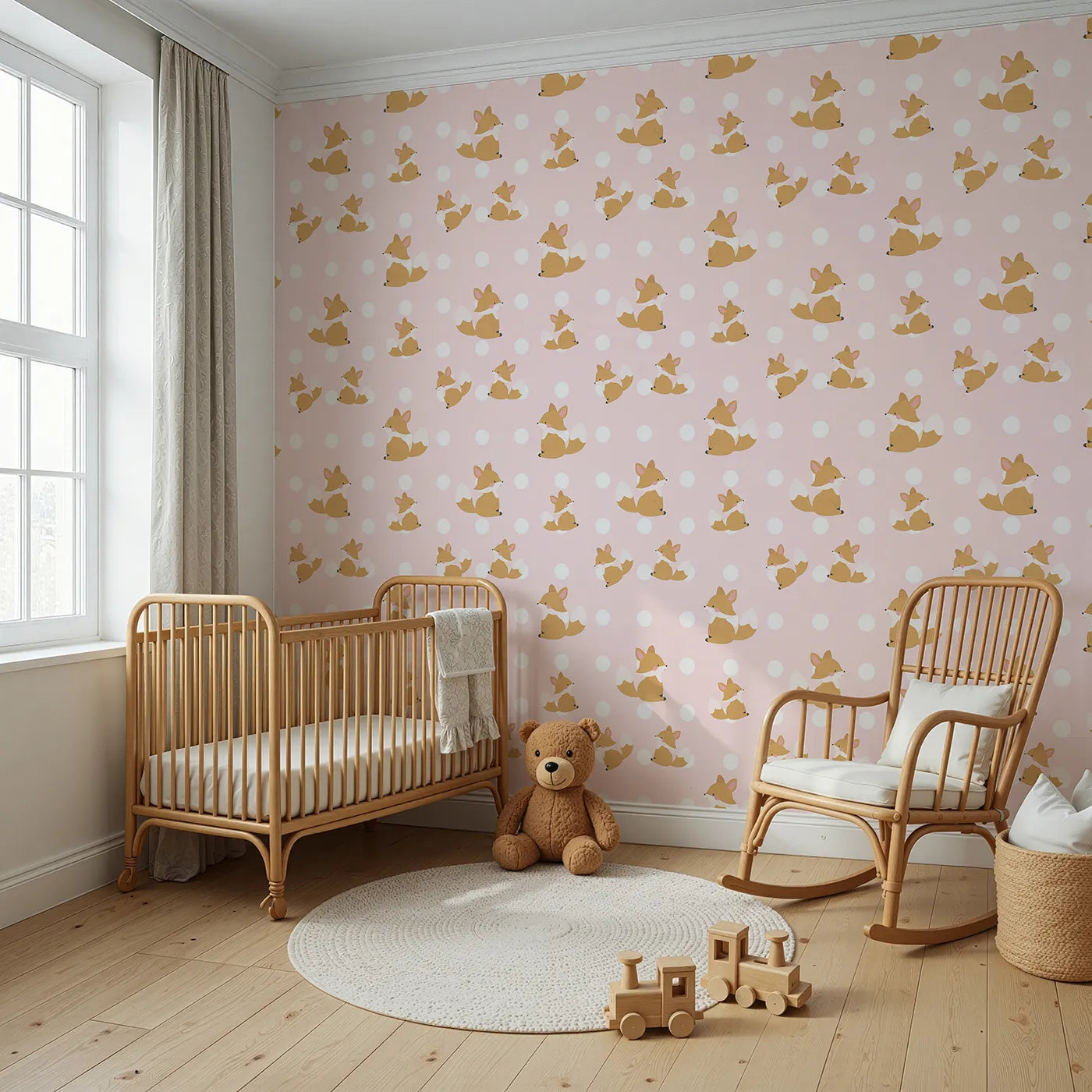 Angled view of Whimsy Tots' Polka Pals Fox Wallpaper in Soft Blush Pink (W3060B).Charming fox cubs and big white dots frolic on soft blush pink.