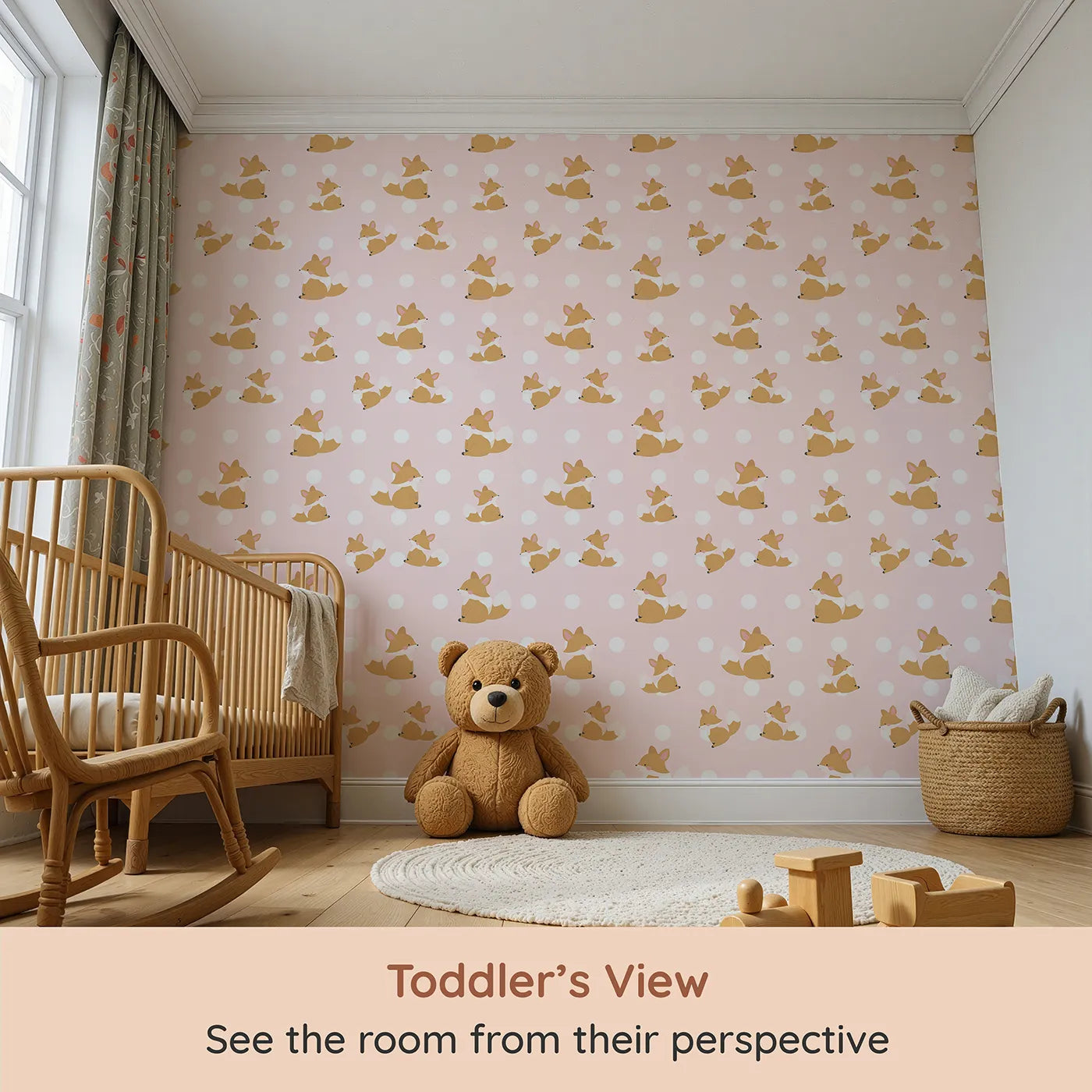 Whimsy Tots Polka Pals Fox Wallpaper in Soft Blush Pink (W3060B) from your child's view.Charming fox cubs and big white dots frolic on soft blush pink.