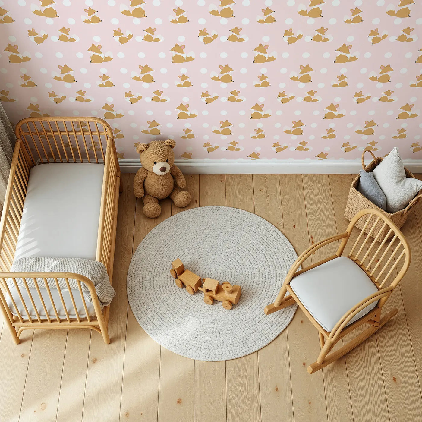Top-Down view of Whimsy Tots' Polka Pals Fox Wallpaper in Soft Blush Pink (W3060B).Charming fox cubs and big white dots frolic on soft blush pink.