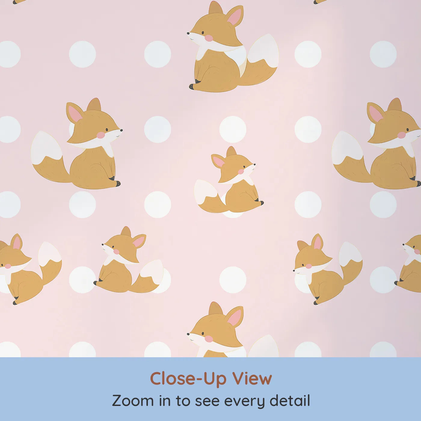 Close-up view of Whimsy Tots' Polka Pals Fox Wallpaper in Soft Blush Pink (W3060B).Charming fox cubs and big white dots frolic on soft blush pink.