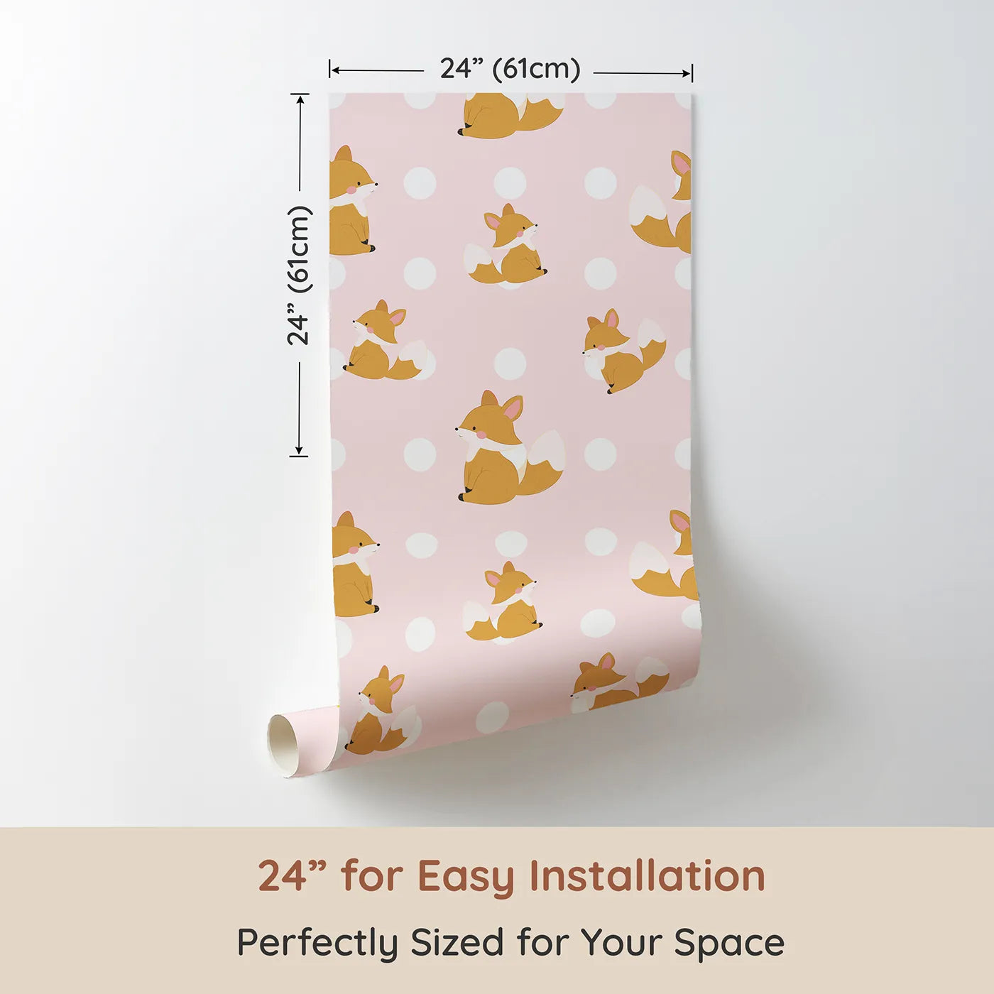 Dimension view of Whimsy Tots Polka Pals Fox Wallpaper in Soft Blush Pink (W3060B). Printed in 24-inch-wide panel for easy installation. Charming fox cubs and big white dots frolic on soft blush pink.