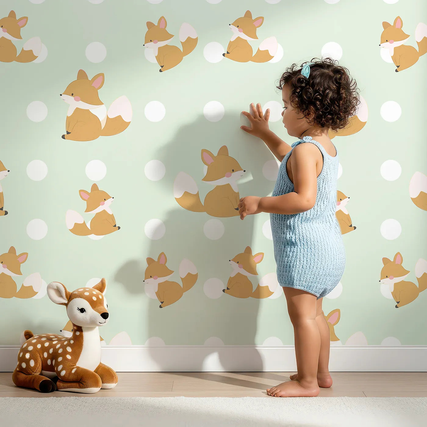 Lovely child standing in front of Whimsy Tots Polka Pals Fox Wallpaper in Mint Green with fox, polka dot, tail, animal in design.
