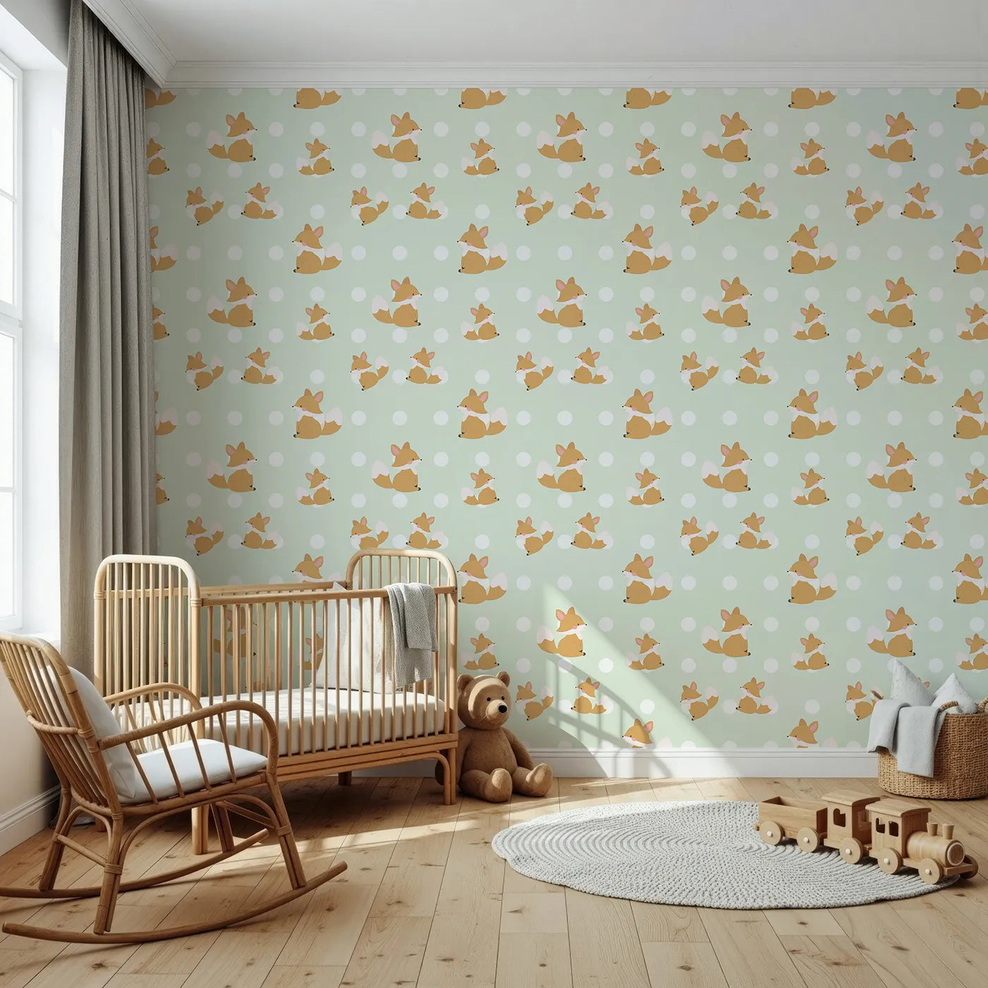 Front view of Whimsy Tots' Polka Pals Fox Wallpaper in Mint Green
