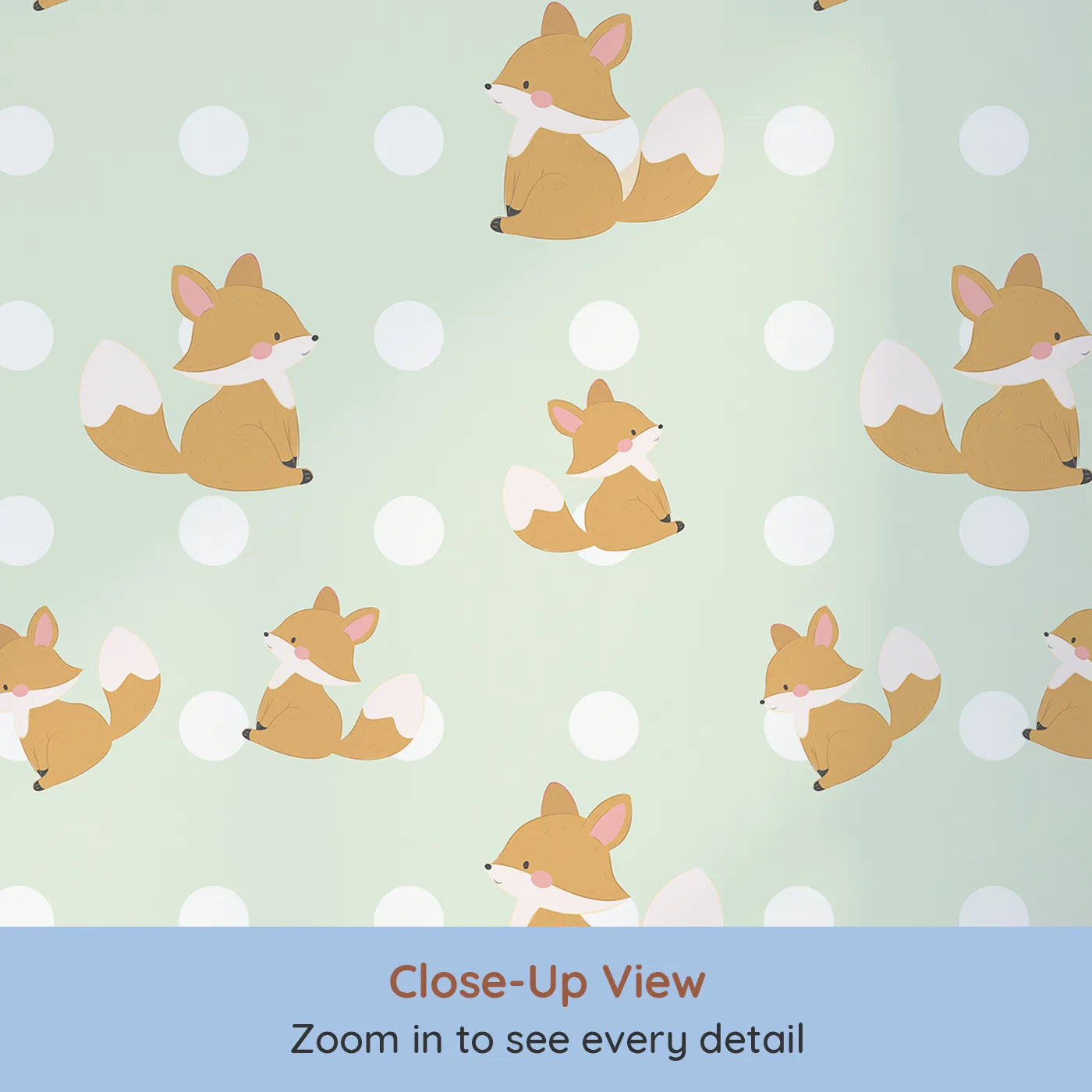 Close-up view of Whimsy Tots' Polka Pals Fox Wallpaper in Mint Green (W3060C).Adorable fox cubs frolic between soft mint green and polka dot cheer.