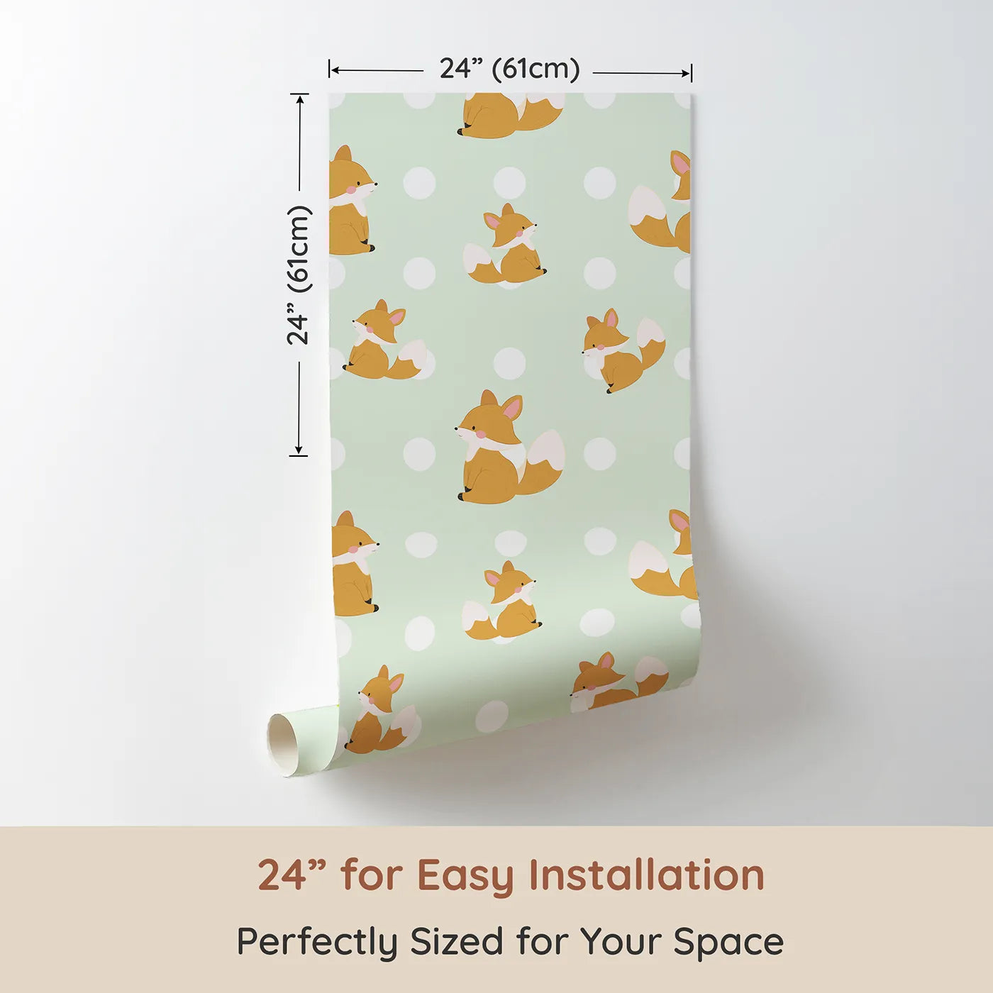 Dimension view of Whimsy Tots Polka Pals Fox Wallpaper in Mint Green (W3060C). Printed in 24-inch-wide panel for easy installation. Adorable fox cubs frolic between soft mint green and polka dot cheer.