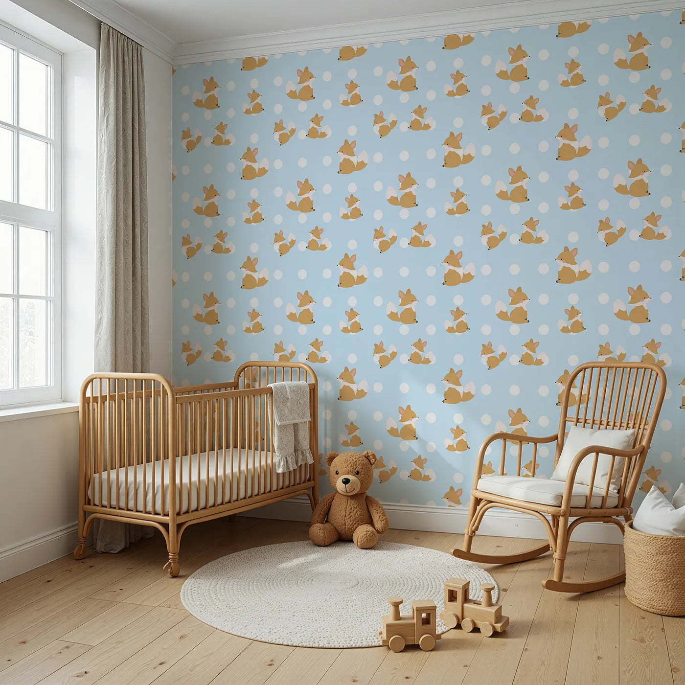 Angled view of Whimsy Tots' Polka Pals Fox Wallpaper in Baby Blue (W3060D).Happy little foxes play across a sky-blue field of bright white polka dots.