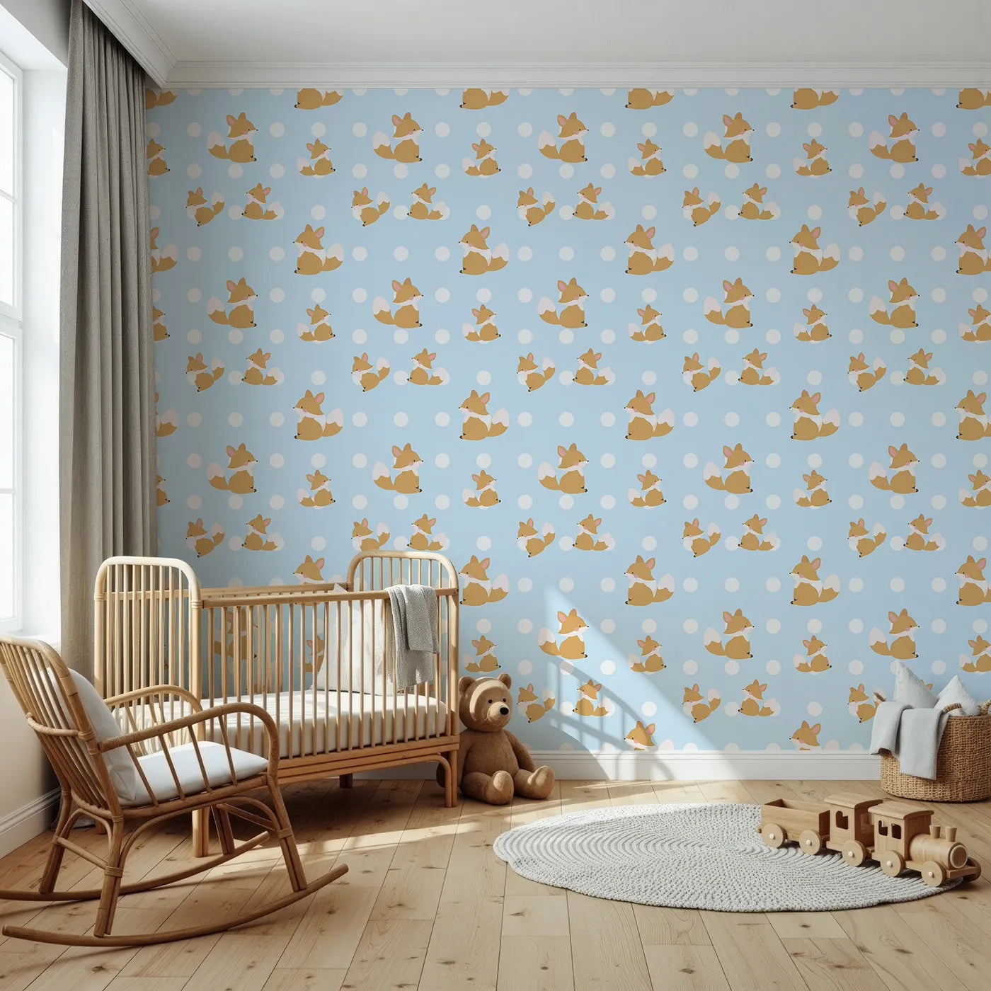 Front view of Whimsy Tots' Polka Pals Fox Wallpaper in Baby Blue