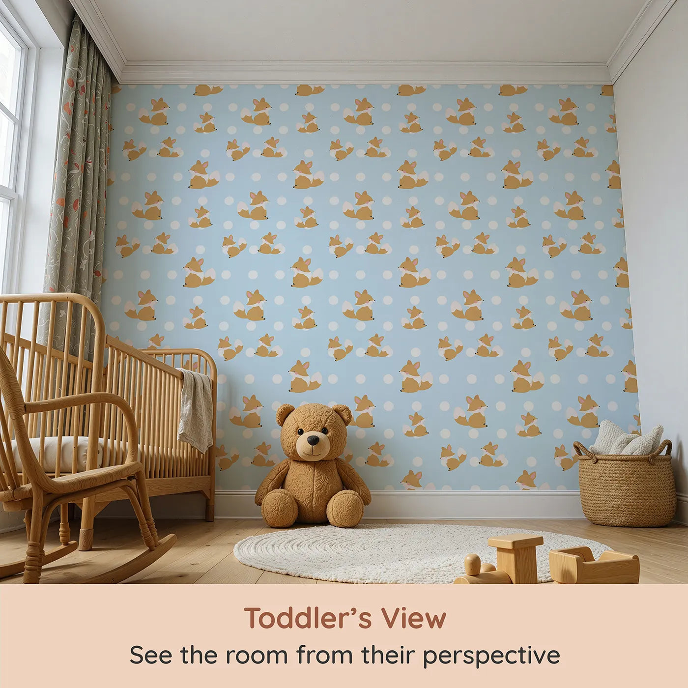 Whimsy Tots Polka Pals Fox Wallpaper in Baby Blue (W3060D) from your child's view.Happy little foxes play across a sky-blue field of bright white polka dots.