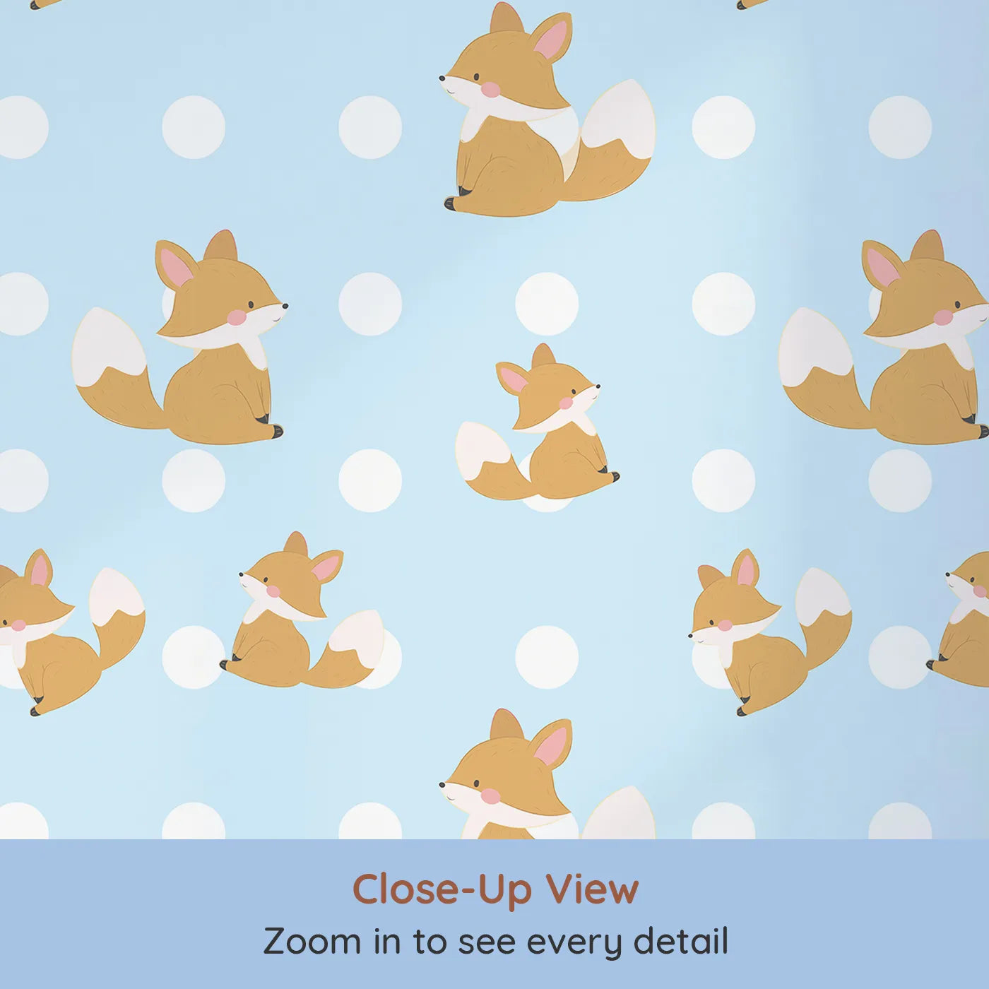 Close-up view of Whimsy Tots' Polka Pals Fox Wallpaper in Baby Blue (W3060D).Happy little foxes play across a sky-blue field of bright white polka dots.