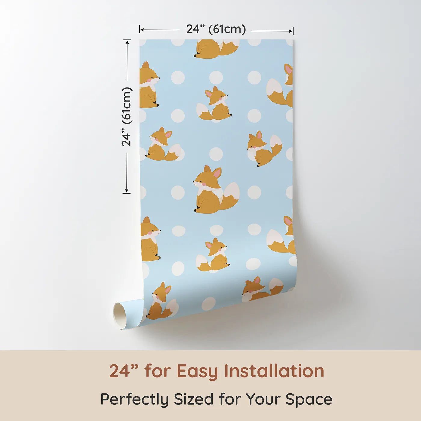 Dimension view of Whimsy Tots Polka Pals Fox Wallpaper in Baby Blue (W3060D). Printed in 24-inch-wide panel for easy installation. Happy little foxes play across a sky-blue field of bright white polka dots.
