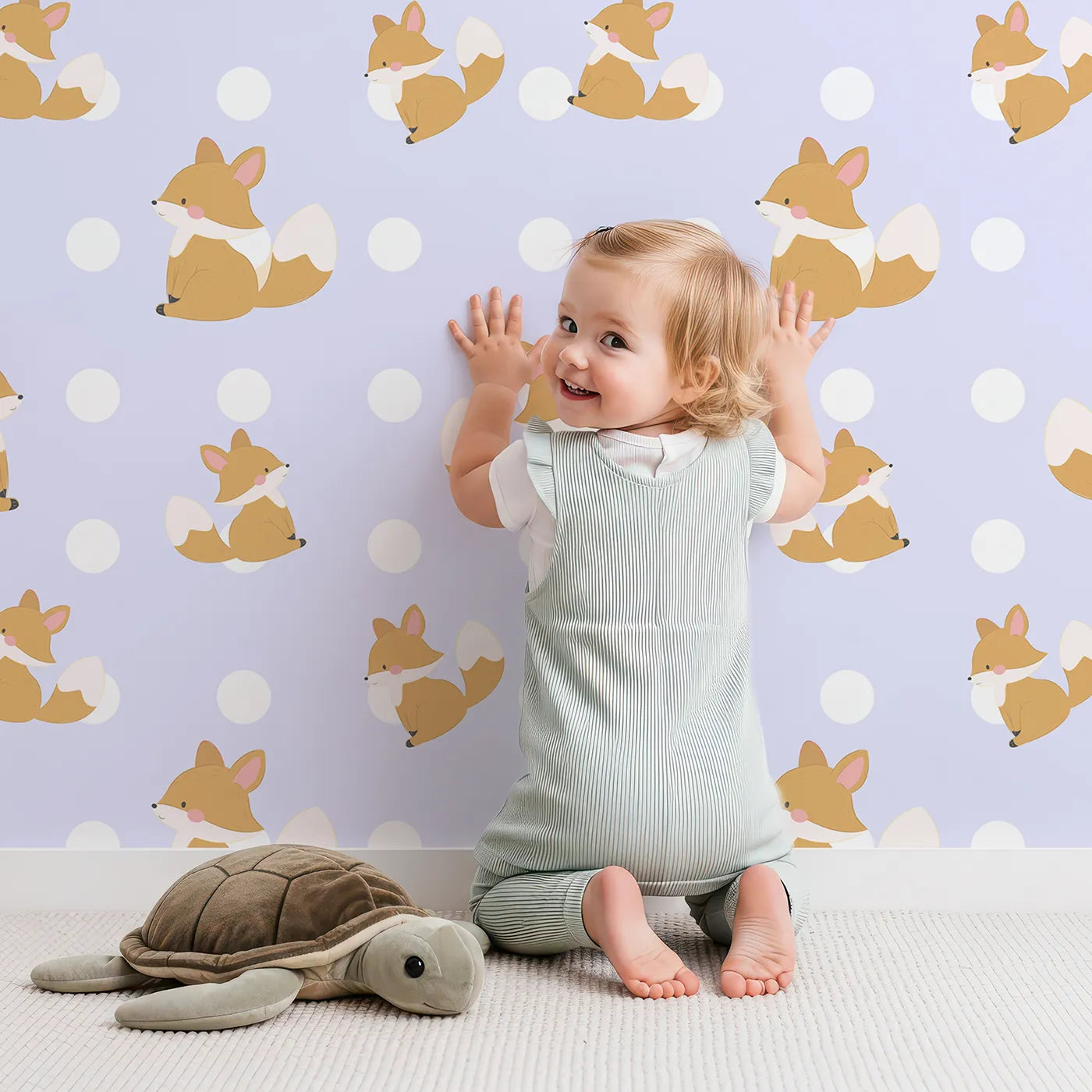 Lovely child standing in front of Whimsy Tots Polka Pals Fox Wallpaper in Lavender Mist with fox, polka dot, tail, animal in design.