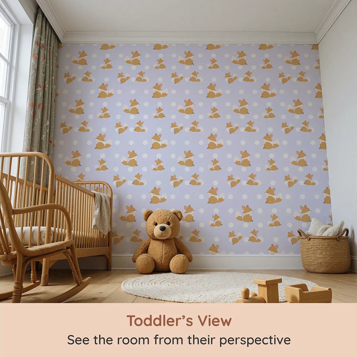 Whimsy Tots Polka Pals Fox Wallpaper in Lavender Mist (W3060E) from your child's view.Charming fox cubs twirl across soft lavender skies and snowy white dots.