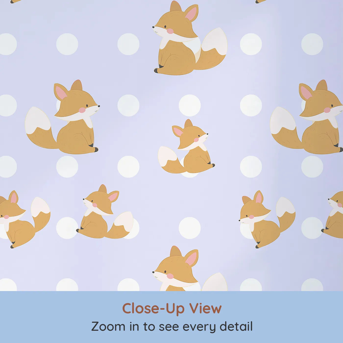 Close-up view of Whimsy Tots' Polka Pals Fox Wallpaper in Lavender Mist (W3060E).Charming fox cubs twirl across soft lavender skies and snowy white dots.