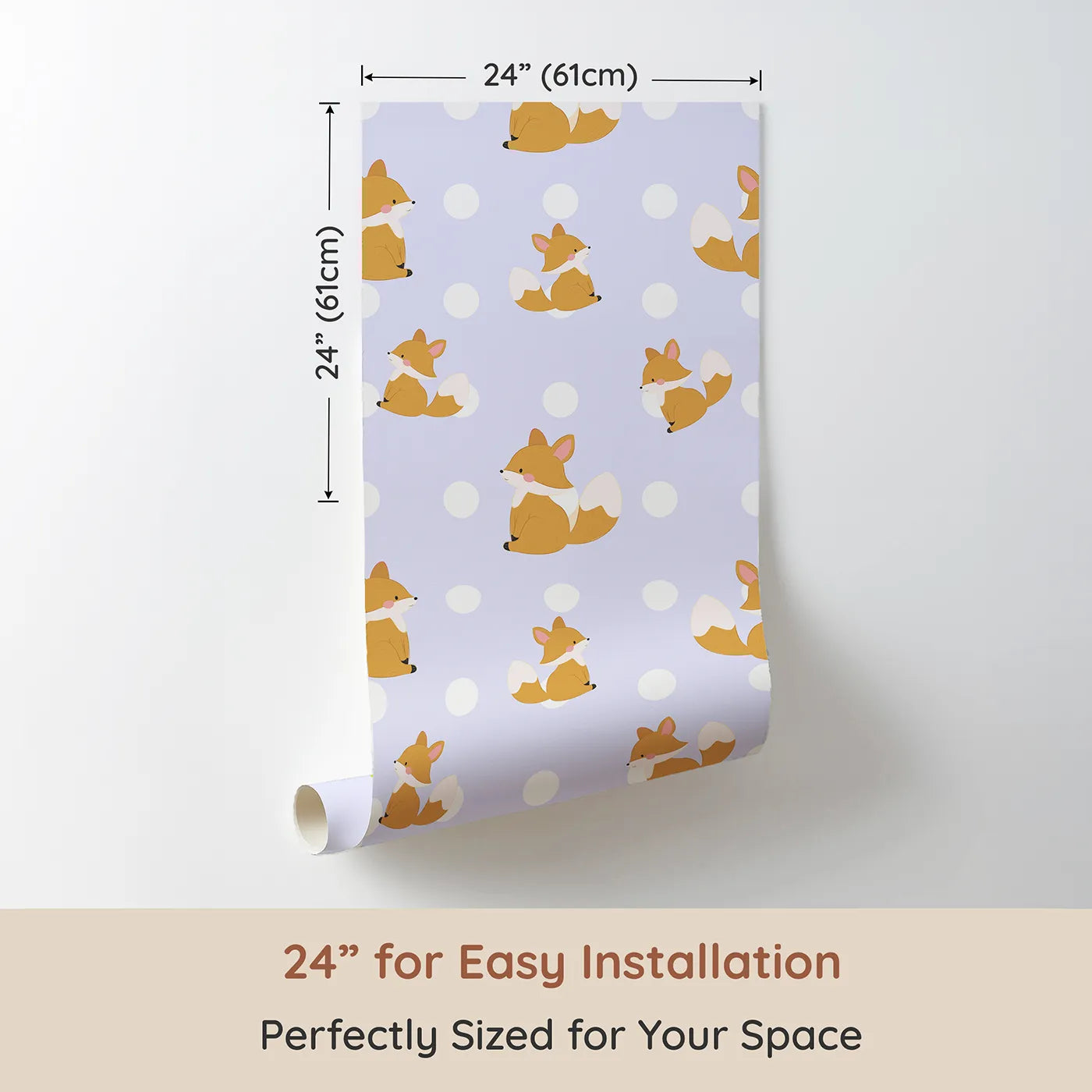 Dimension view of Whimsy Tots Polka Pals Fox Wallpaper in Lavender Mist (W3060E). Printed in 24-inch-wide panel for easy installation. Charming fox cubs twirl across soft lavender skies and snowy white dots.