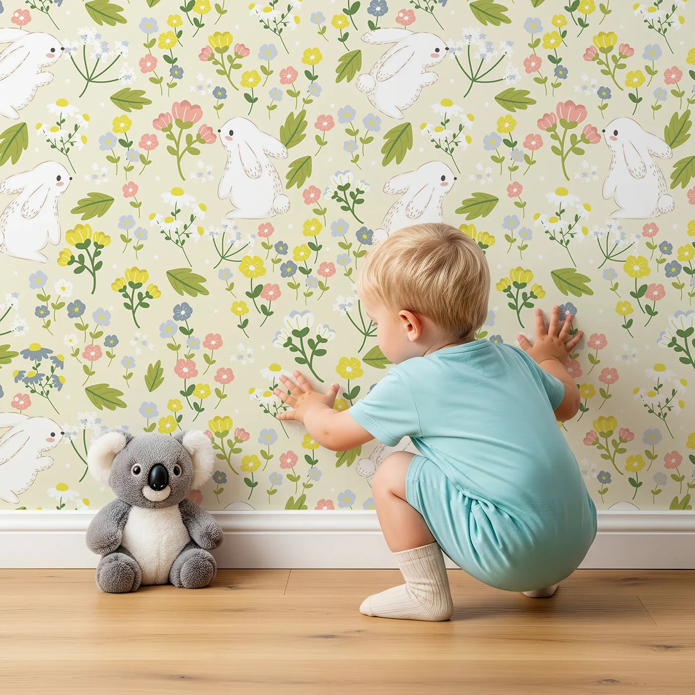 Lovely child standing in front of Whimsy Tots Bloomy Bunny Meadow Wallpaper in Buttercream with rabbit, flower, leaf, blossom in design.
