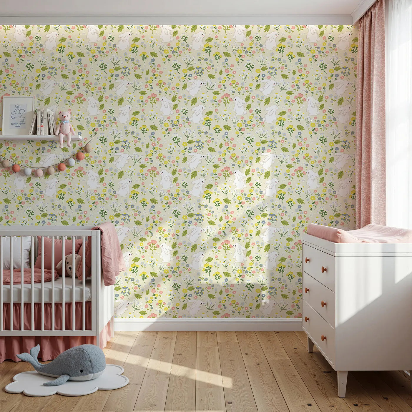 Front view of Whimsy Tots' Bloomy Bunny Meadow Wallpaper in Buttercream