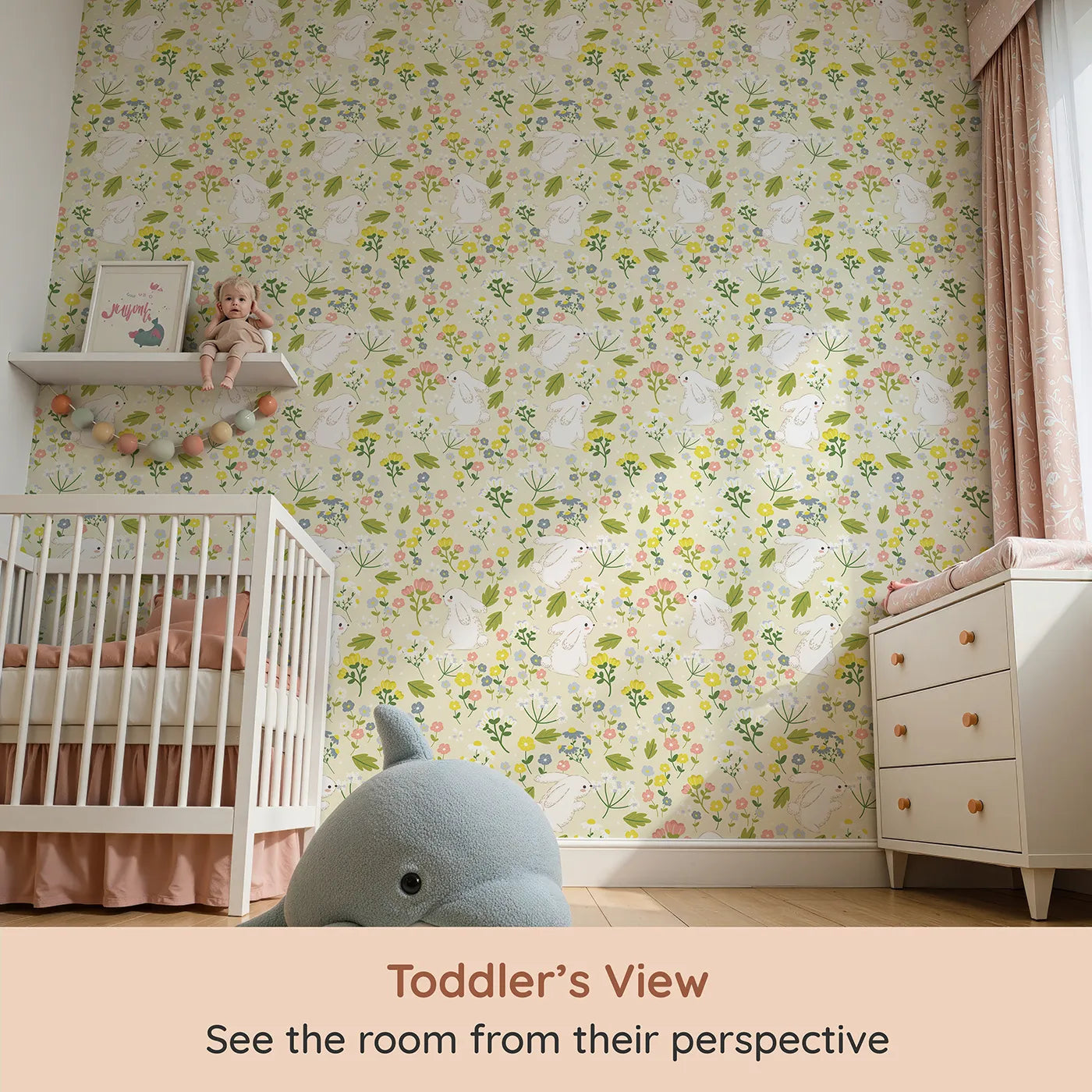 Whimsy Tots Bloomy Bunny Meadow Wallpaper in Buttercream (W3061A) from your child's view.White bunnies play among cheerful wildflowers and buttery cream skies.