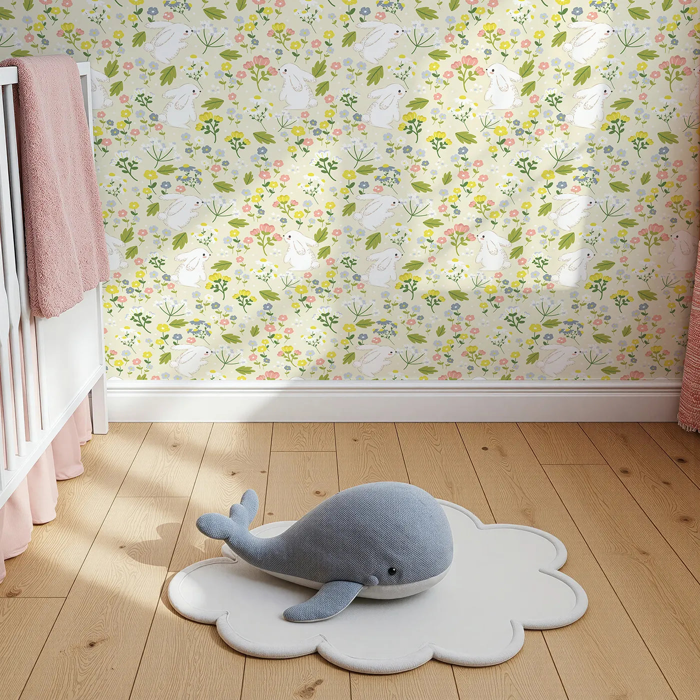 Top-Down view of Whimsy Tots' Bloomy Bunny Meadow Wallpaper in Buttercream (W3061A).White bunnies play among cheerful wildflowers and buttery cream skies.