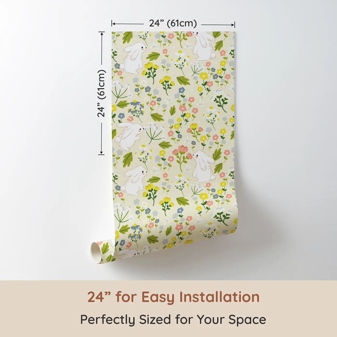 Dimension view of Whimsy Tots Bloomy Bunny Meadow Wallpaper in Buttercream (W3061A). Printed in 24-inch-wide panel for easy installation. White bunnies play among cheerful wildflowers and buttery cream skies.