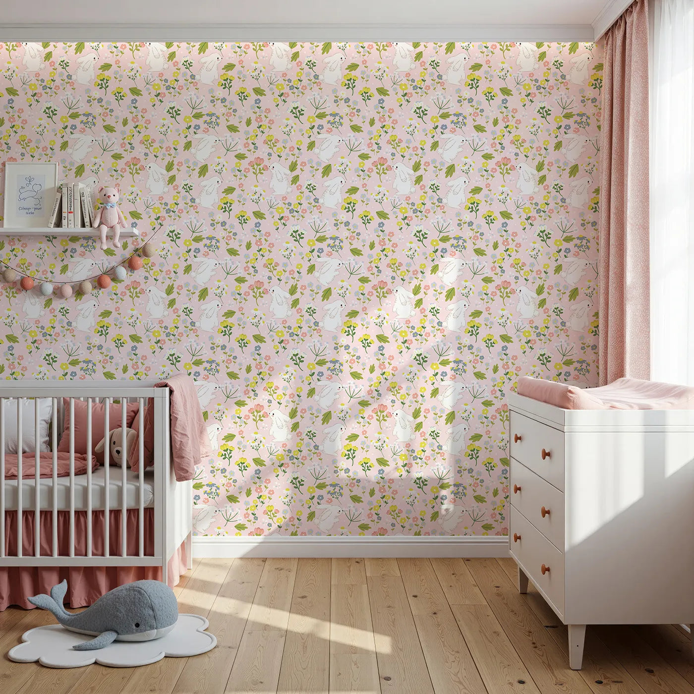 Front view of Whimsy Tots' Bloomy Bunny Meadow Wallpaper in Petal Pink