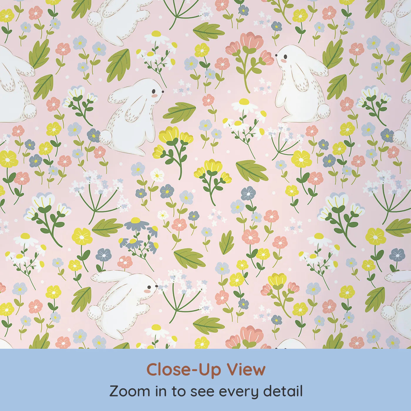 Close-up view of Whimsy Tots' Bloomy Bunny Meadow Wallpaper in Petal Pink (W3061B).White bunnies frolic through blooming pink fields of daisies and wildflowers.