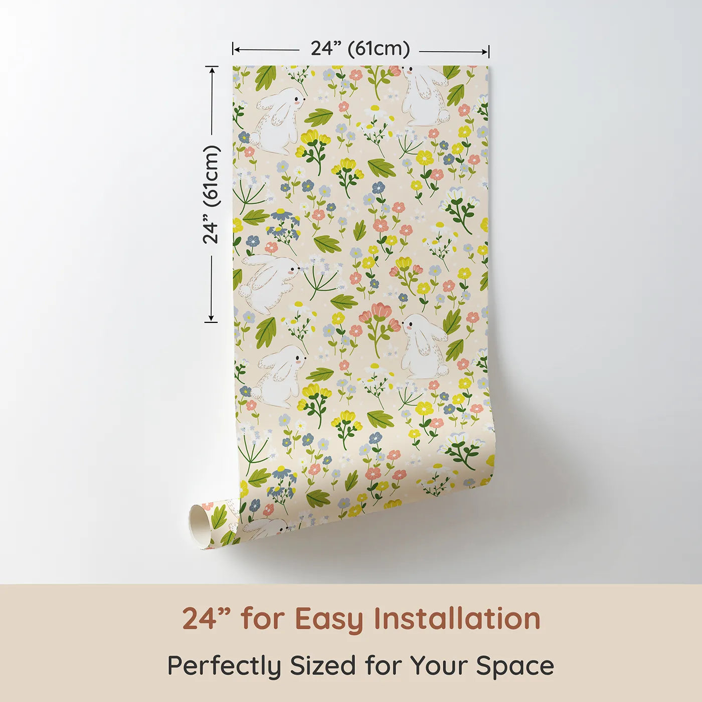 Dimension view of Whimsy Tots Bloomy Bunny Meadow Wallpaper in Oat Beige (W3061C). Printed in 24-inch-wide panel for easy installation. White bunnies explore flower-filled fields on a cozy oat beige backdrop.