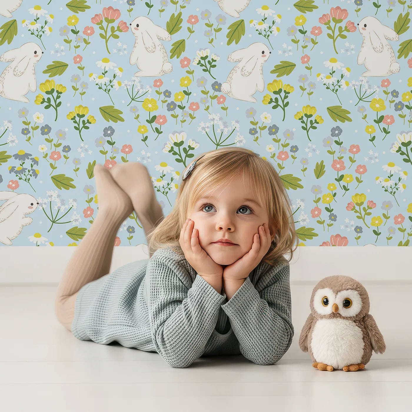 Lovely child standing in front of Whimsy Tots Bloomy Bunny Meadow Wallpaper in Bluebell Sky with rabbit, flower, leaf, blossom in design.