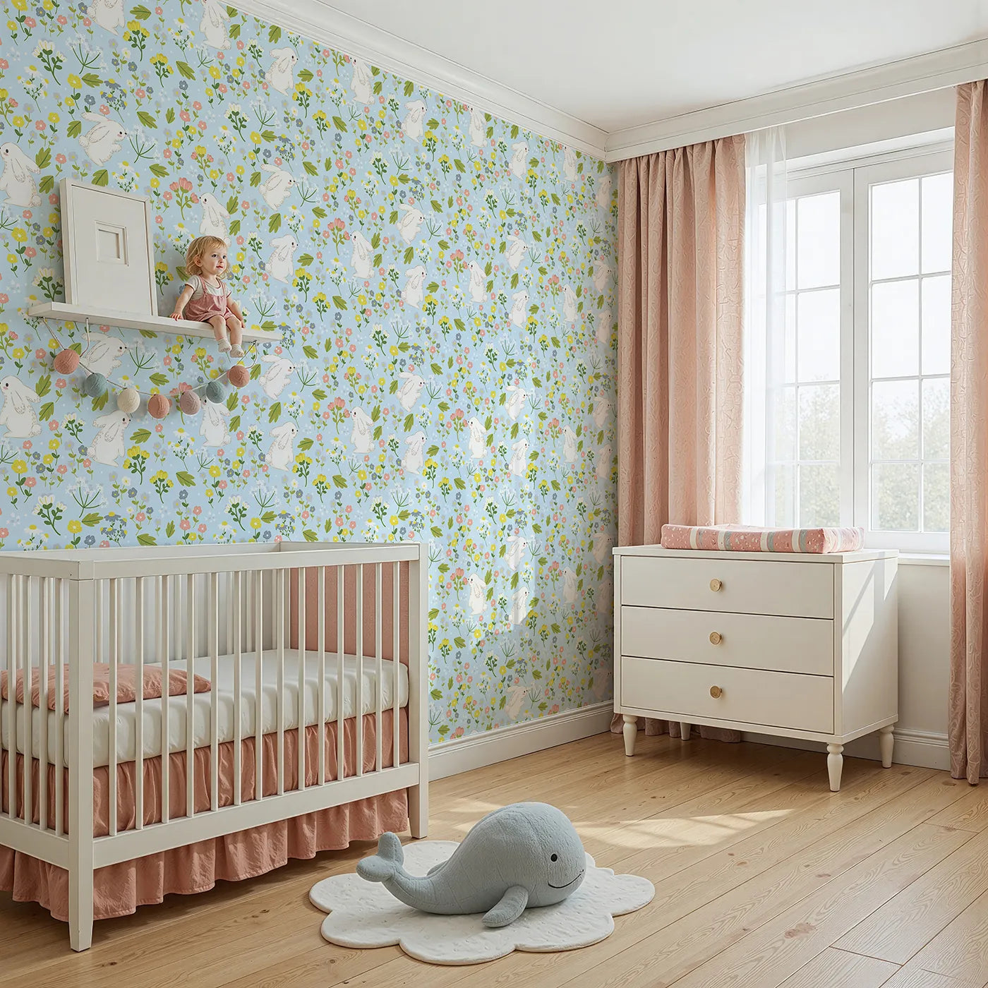 Angled view of Whimsy Tots' Bloomy Bunny Meadow Wallpaper in Bluebell Sky (W3061D).Fluffy white bunnies play among wildflowers on a bright blue sky.