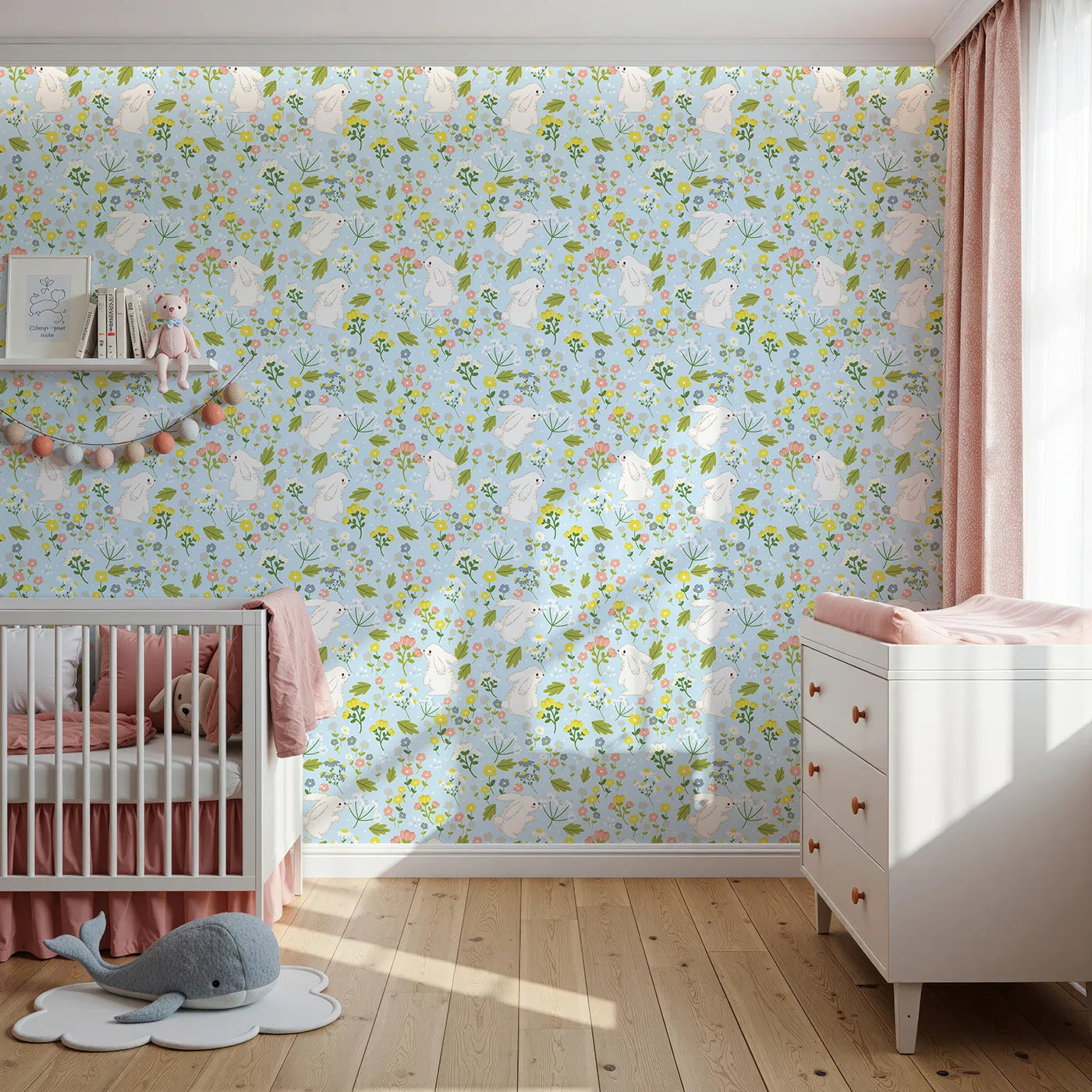 Front view of Whimsy Tots' Bloomy Bunny Meadow Wallpaper in Bluebell Sky