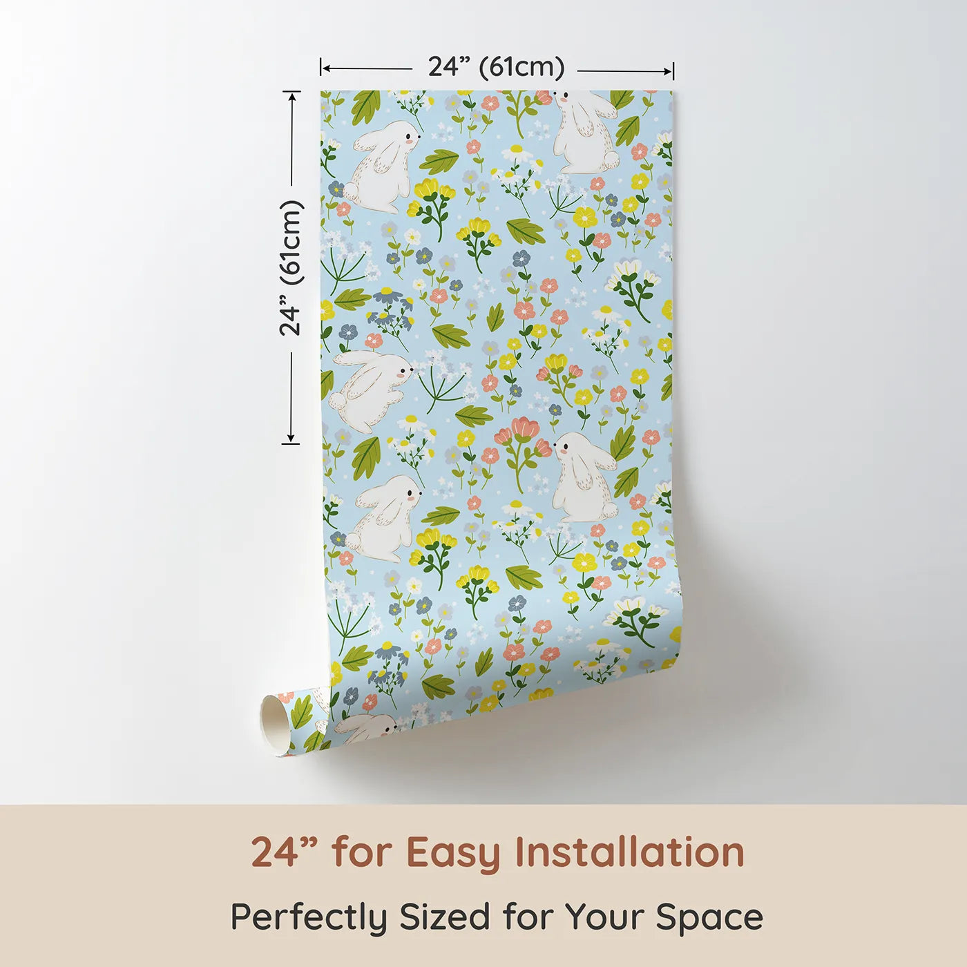 Dimension view of Whimsy Tots Bloomy Bunny Meadow Wallpaper in Bluebell Sky (W3061D). Printed in 24-inch-wide panel for easy installation. Fluffy white bunnies play among wildflowers on a bright blue sky.