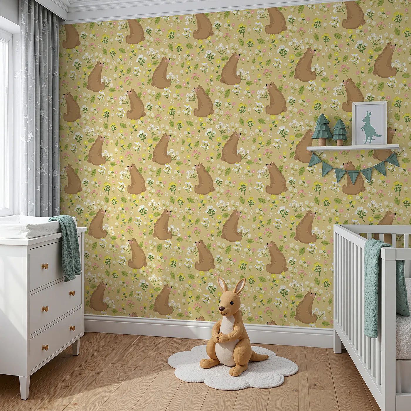 Angled view of Whimsy Tots' Blossom Bear Meadow Wallpaper in Honey Gold (W3062A).Chubby brown bears sniff wildflowers under a golden honey sky.