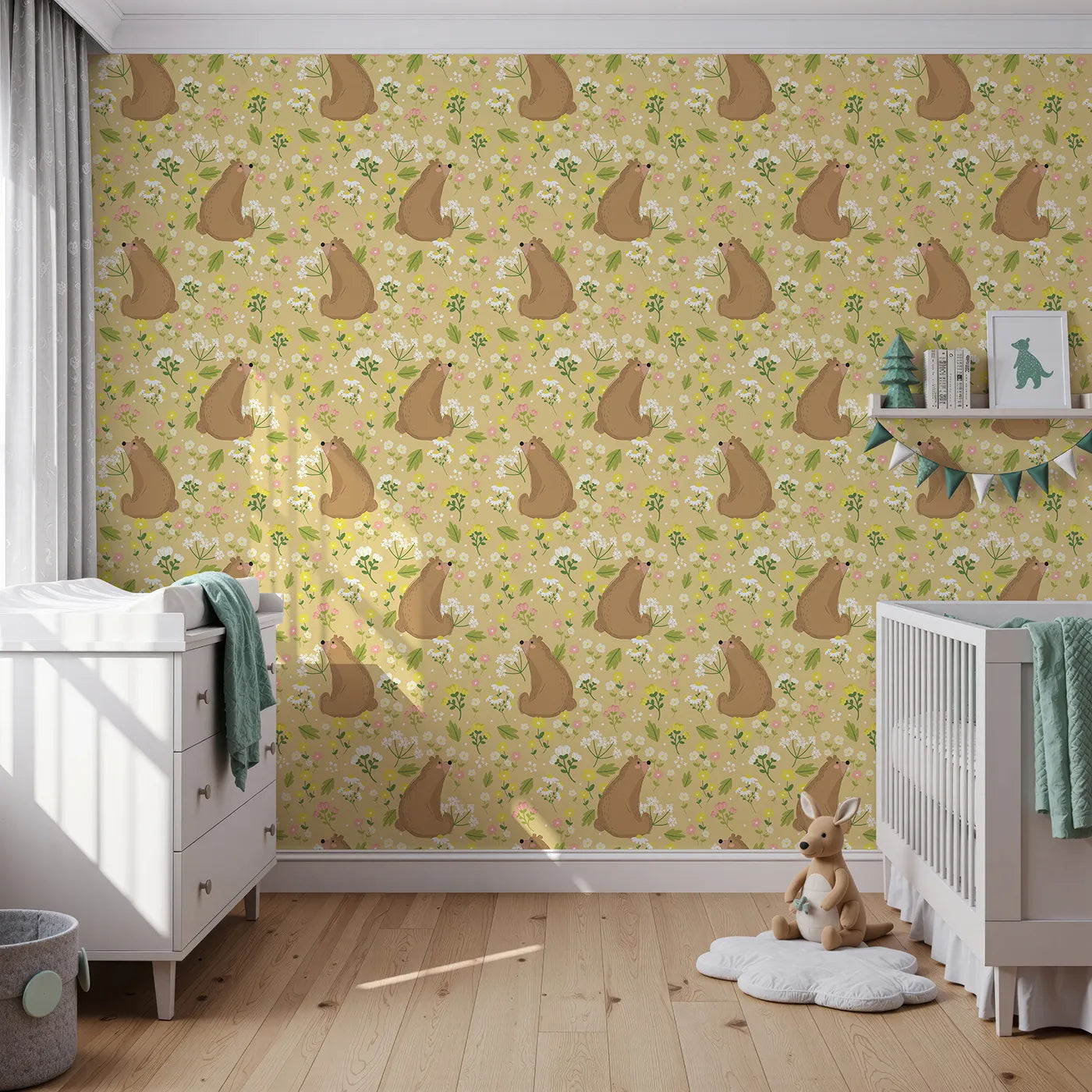 Front view of Whimsy Tots' Blossom Bear Meadow Wallpaper in Honey Gold