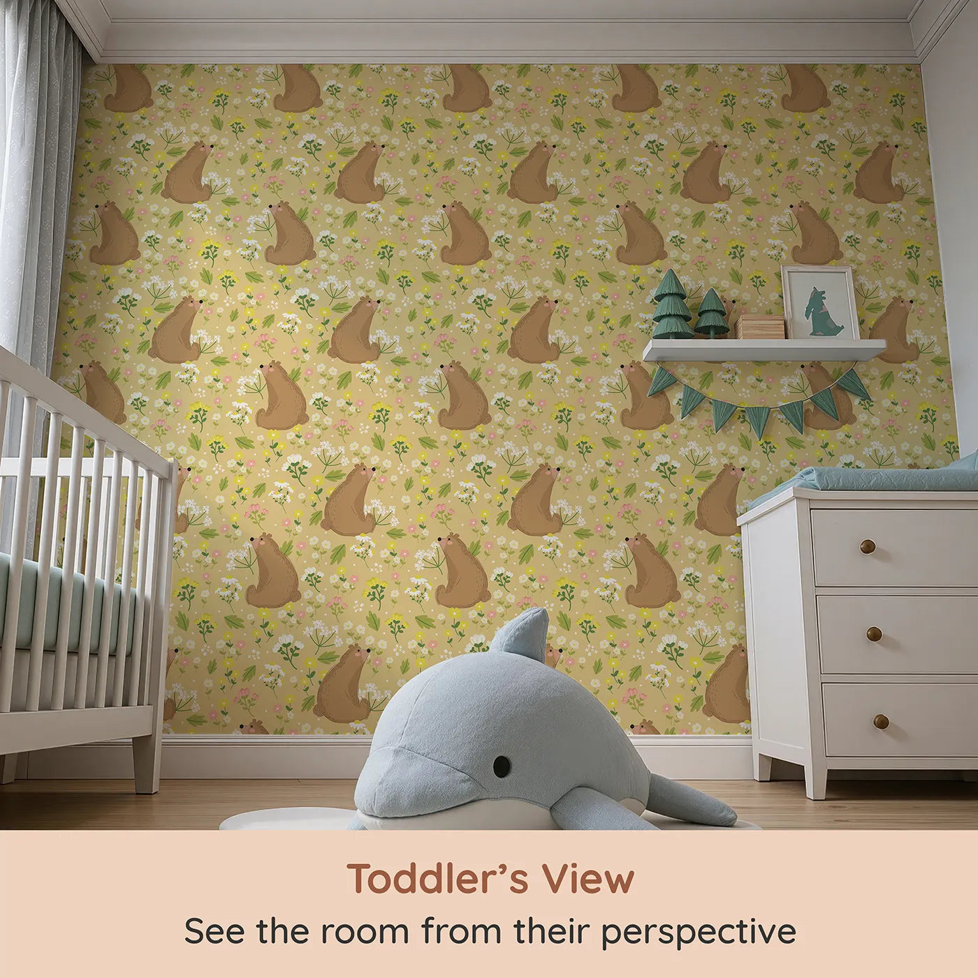 Whimsy Tots Blossom Bear Meadow Wallpaper in Honey Gold (W3062A) from your child's view.Chubby brown bears sniff wildflowers under a golden honey sky.