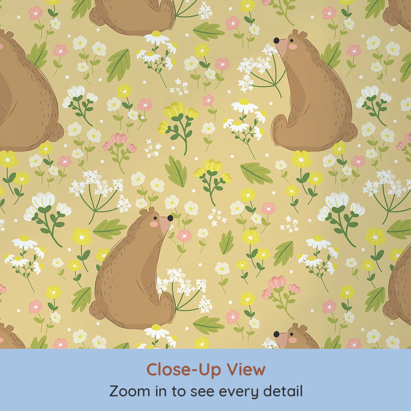 Close-up view of Whimsy Tots' Blossom Bear Meadow Wallpaper in Honey Gold (W3062A).Chubby brown bears sniff wildflowers under a golden honey sky.