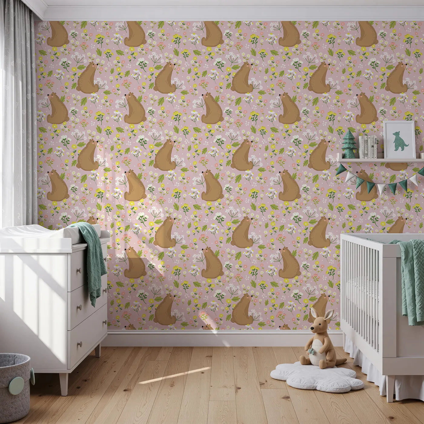 Front view of Whimsy Tots' Blossom Bear Meadow Wallpaper in Blush Rose Pink
