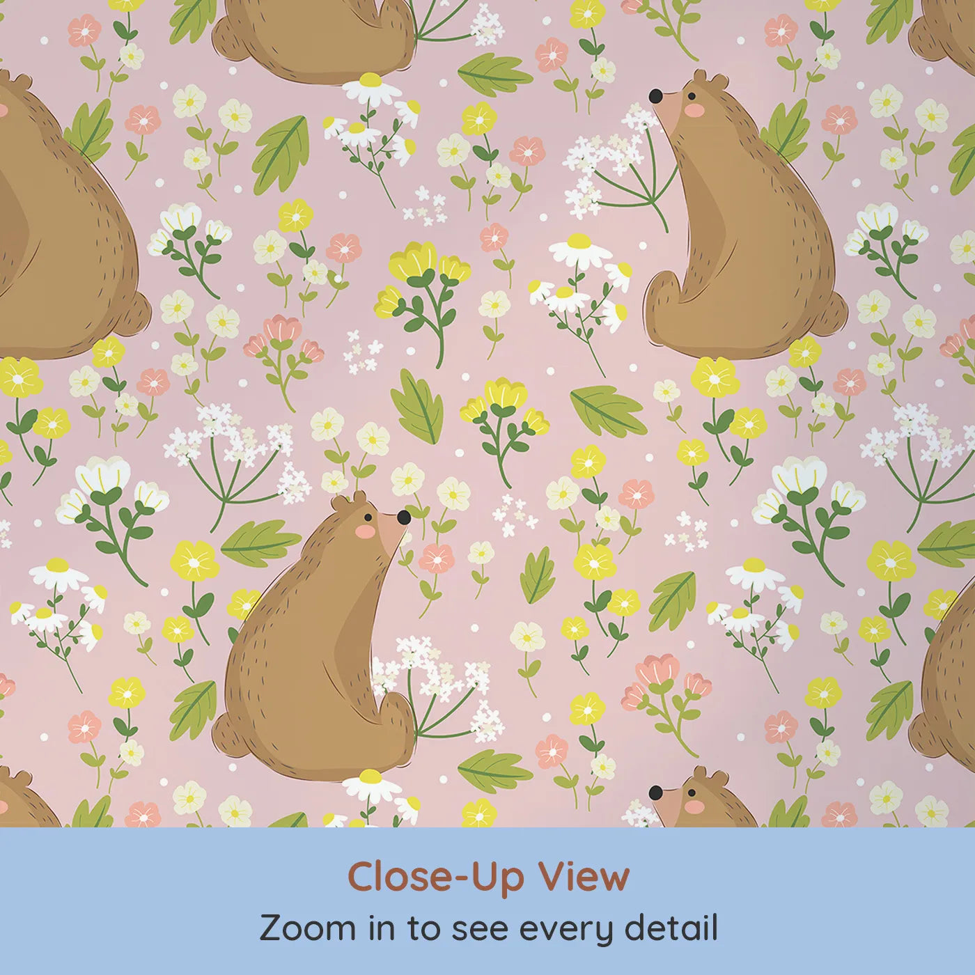 Close-up view of Whimsy Tots' Blossom Bear Meadow Wallpaper in Blush Rose Pink (W3062B).Gentle bears and pastel florals frolic across soft blush rose fields.