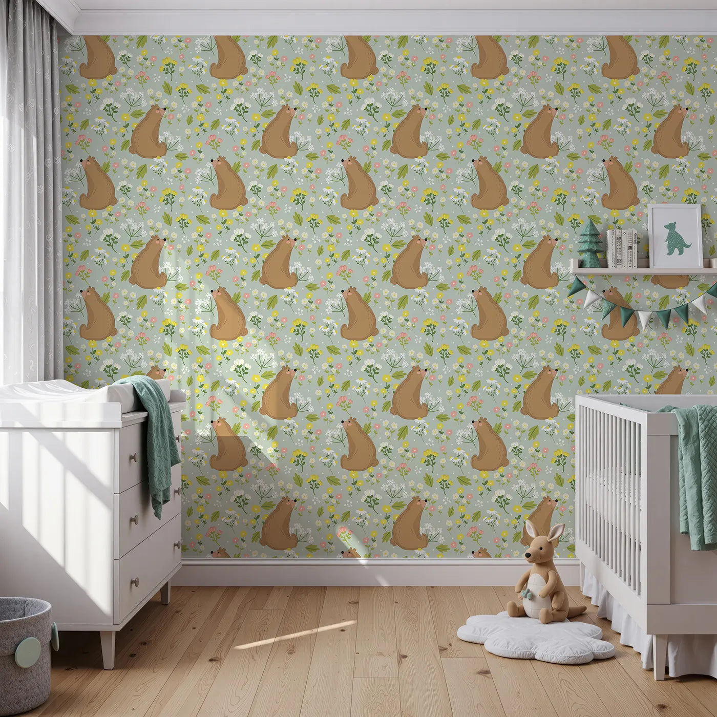 Front view of Whimsy Tots' Blossom Bear Meadow Wallpaper in Soft Sage Green