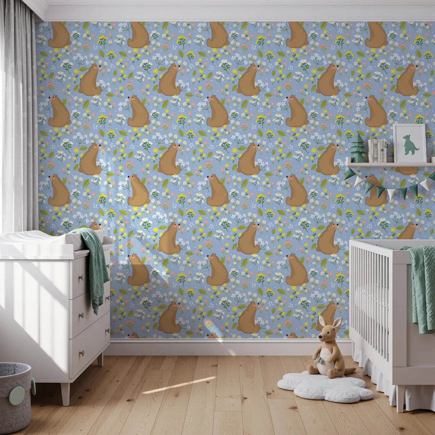 Front view of Whimsy Tots' Blossom Bear Meadow Wallpaper in Bluebell Sky