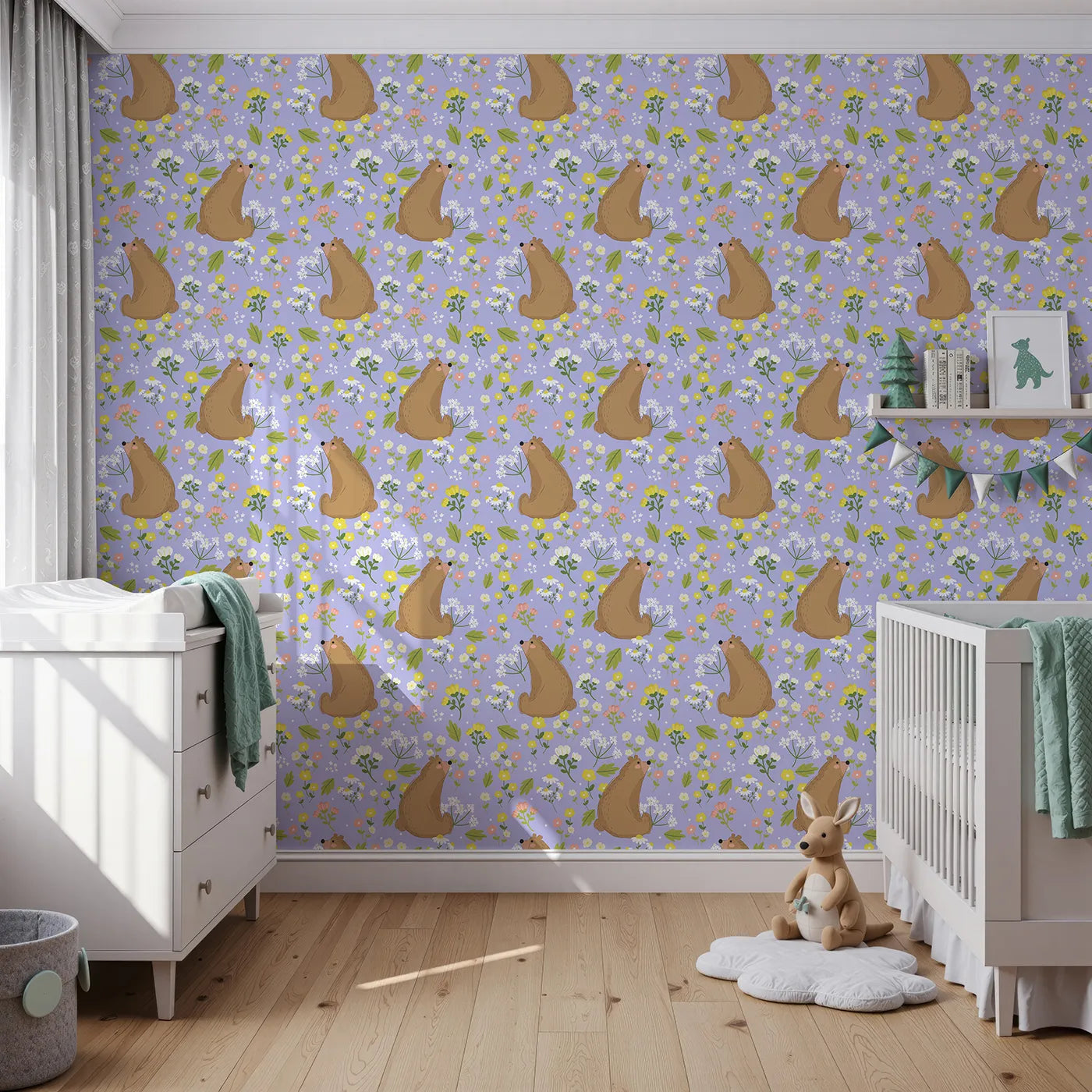 Front view of Whimsy Tots' Blossom Bear Meadow Wallpaper in Lavender Mist