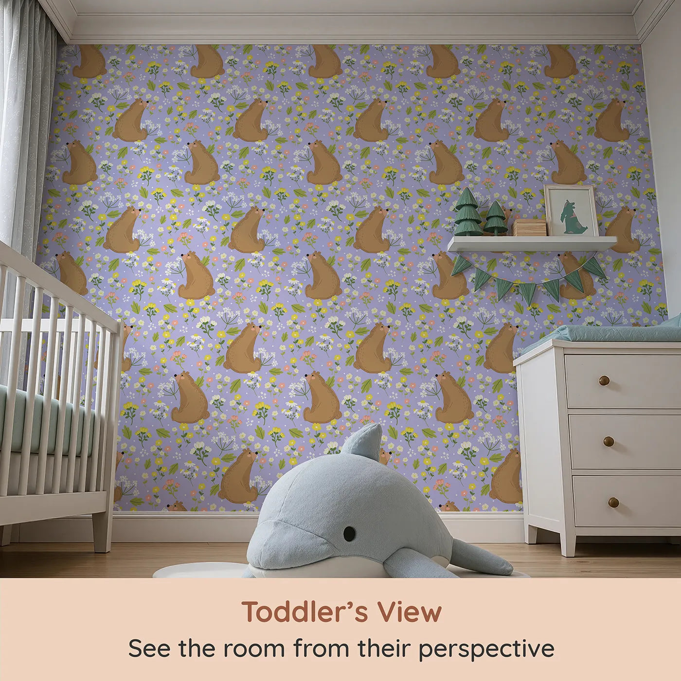 Whimsy Tots Blossom Bear Meadow Wallpaper in Lavender Mist (W3062E) from your child's view.Gentle bears and pastel florals bloom over a soothing lavender sky.