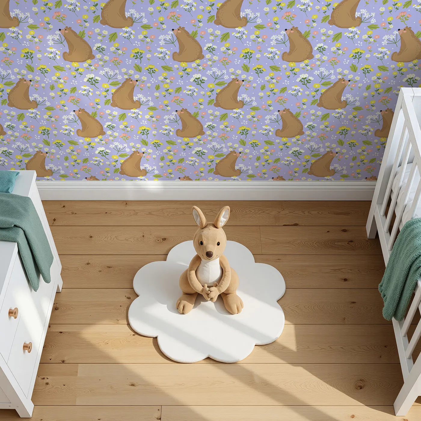 Top-Down view of Whimsy Tots' Blossom Bear Meadow Wallpaper in Lavender Mist (W3062E).Gentle bears and pastel florals bloom over a soothing lavender sky.