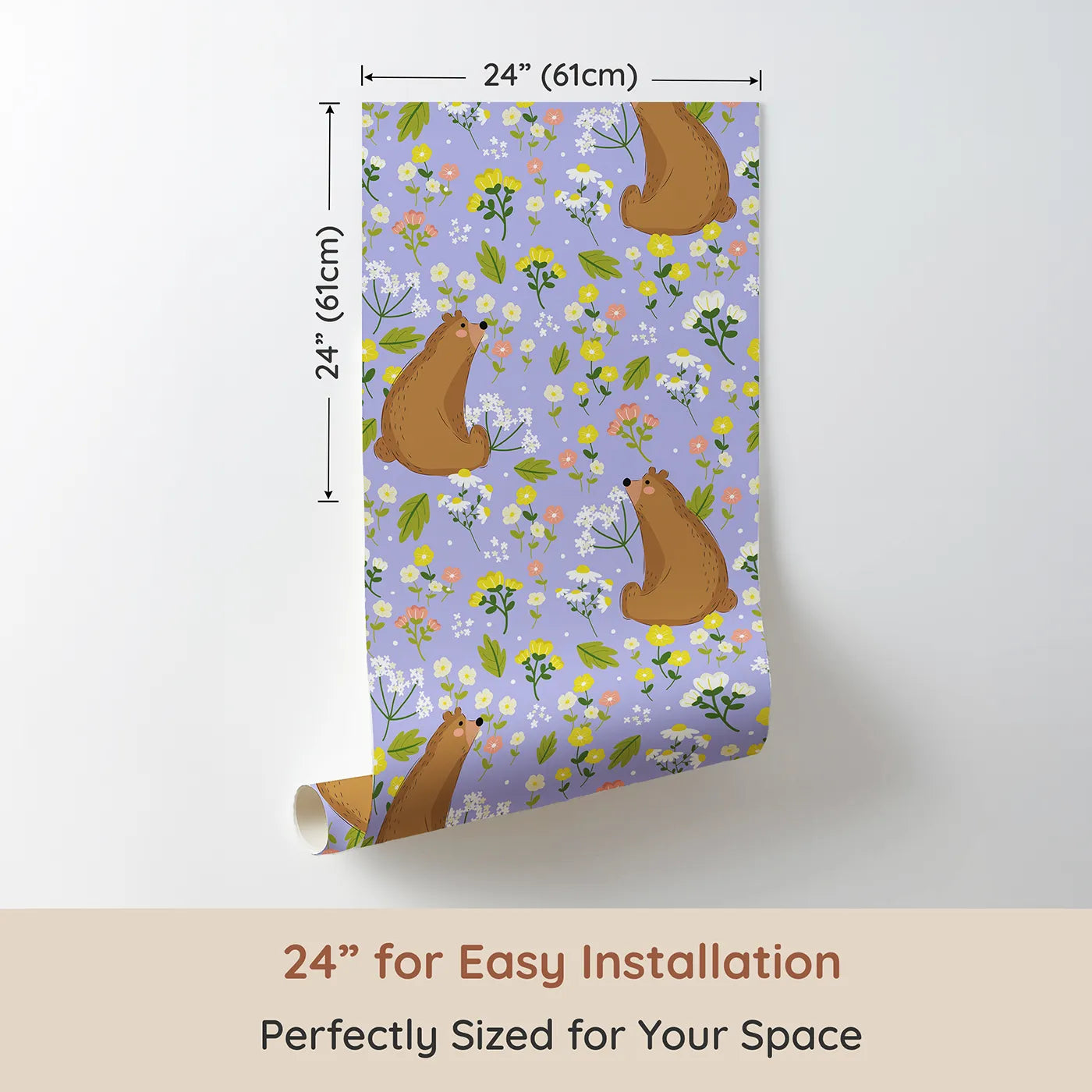 Dimension view of Whimsy Tots Blossom Bear Meadow Wallpaper in Lavender Mist (W3062E). Printed in 24-inch-wide panel for easy installation. Gentle bears and pastel florals bloom over a soothing lavender sky.