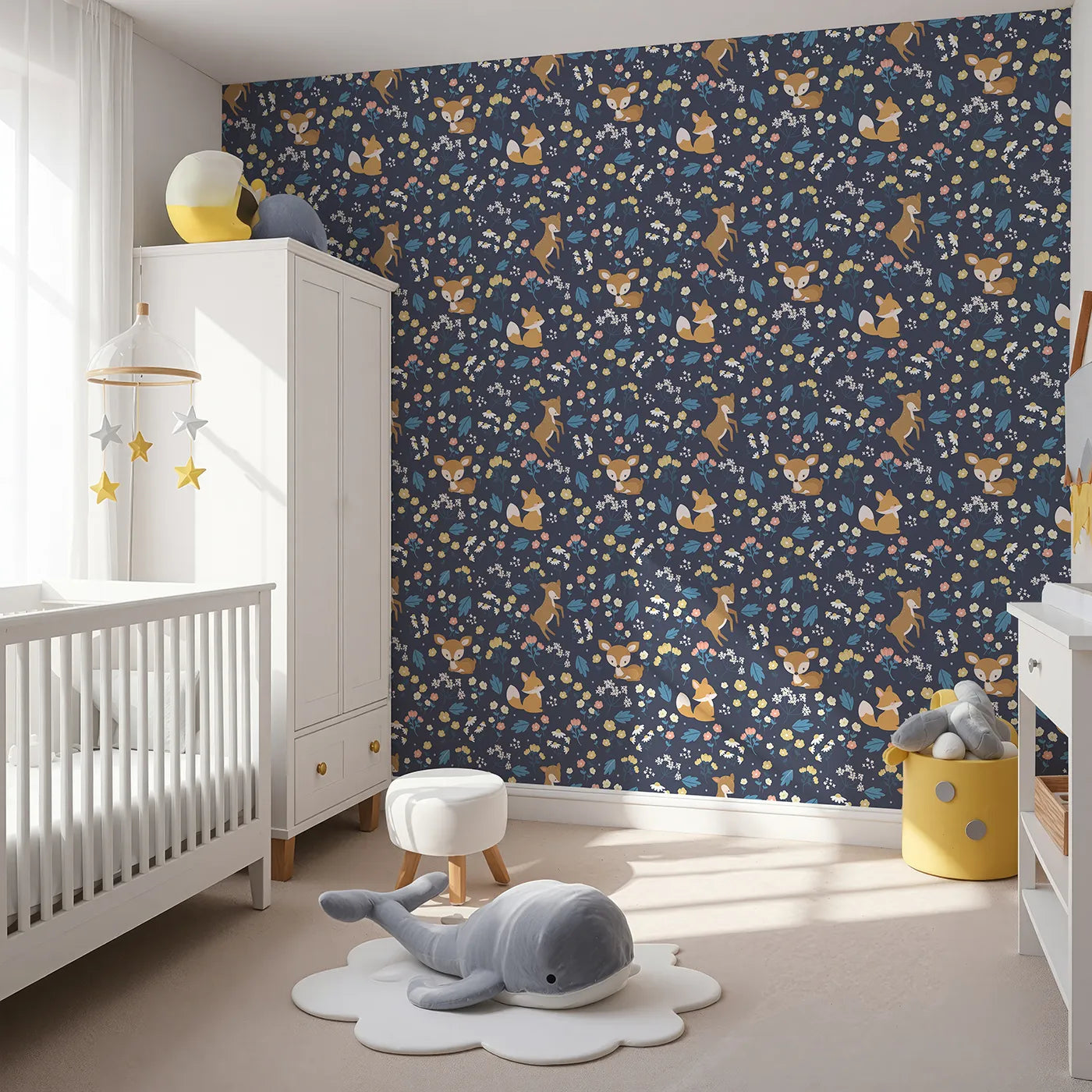 Angled view of Whimsy Tots' Meadow Mischief Fox and Deer Wallpaper in Midnight Blue (W3063A).Curious critters and soft florals turn every wall into a woodland daydream.