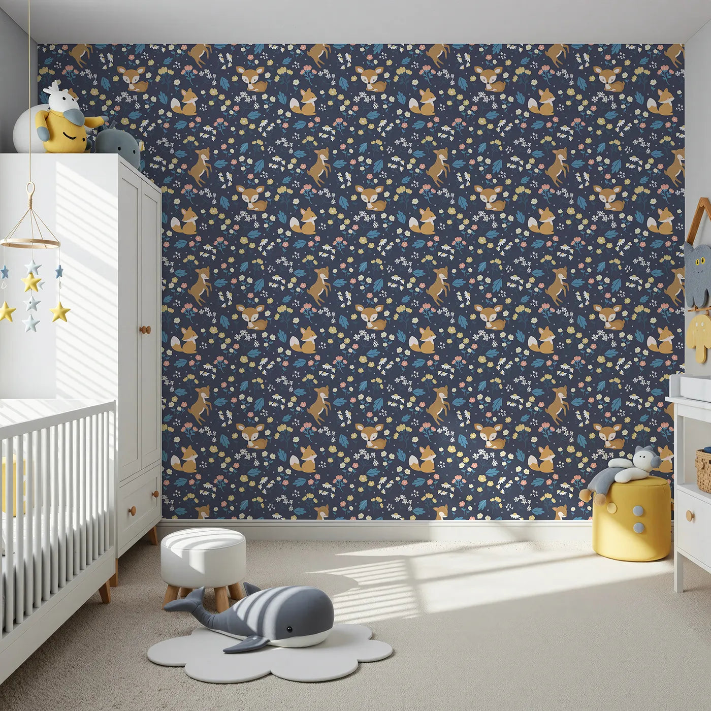 Front view of Whimsy Tots' Meadow Mischief Fox and Deer Wallpaper in Midnight Blue